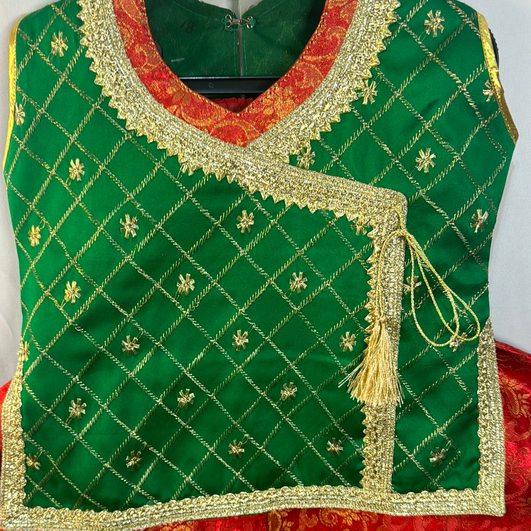 Girls Pakistani lengha set in green and red colour  sb- Areeba's Couture