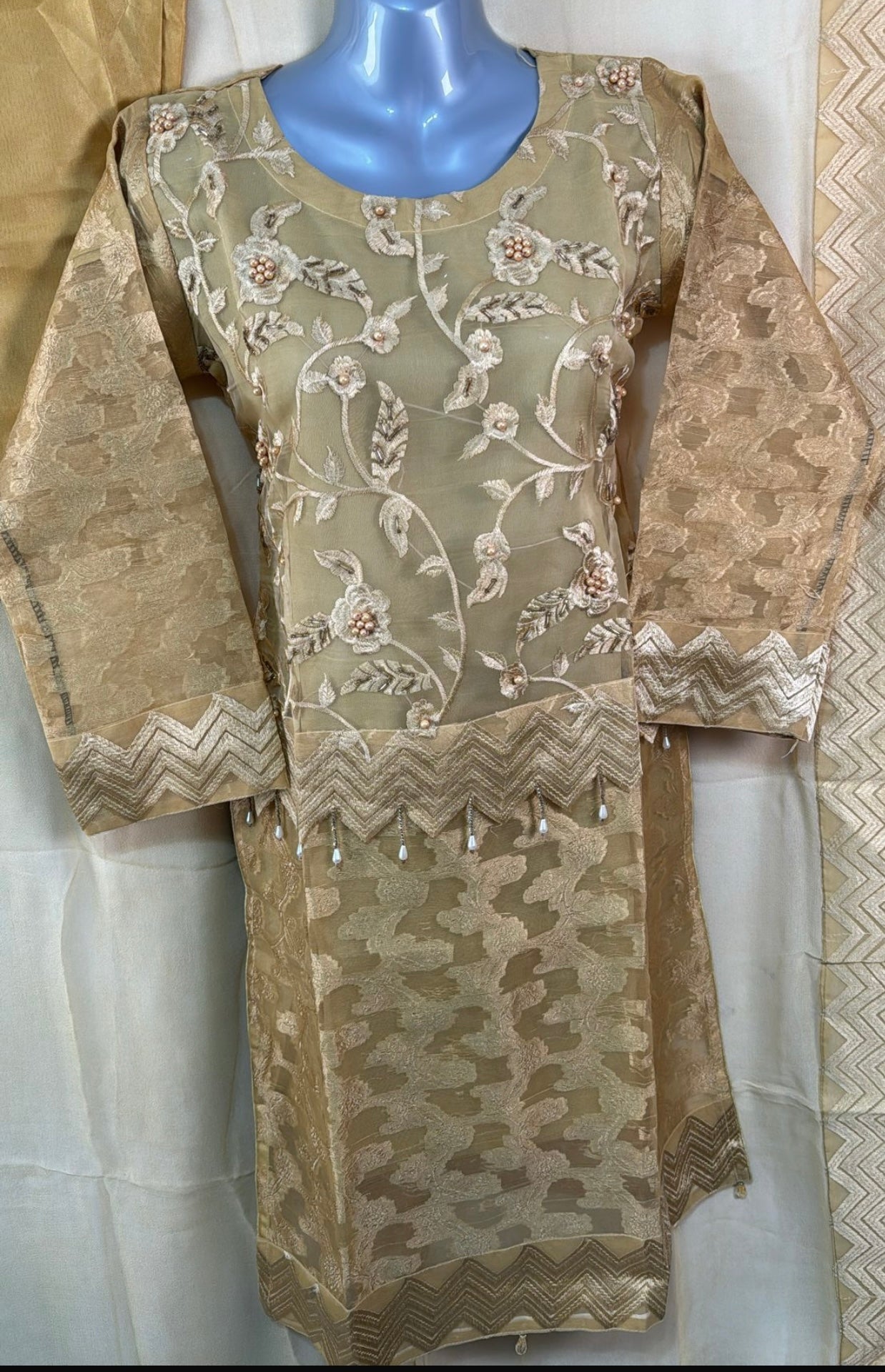 Gold three piece Zari organza suit