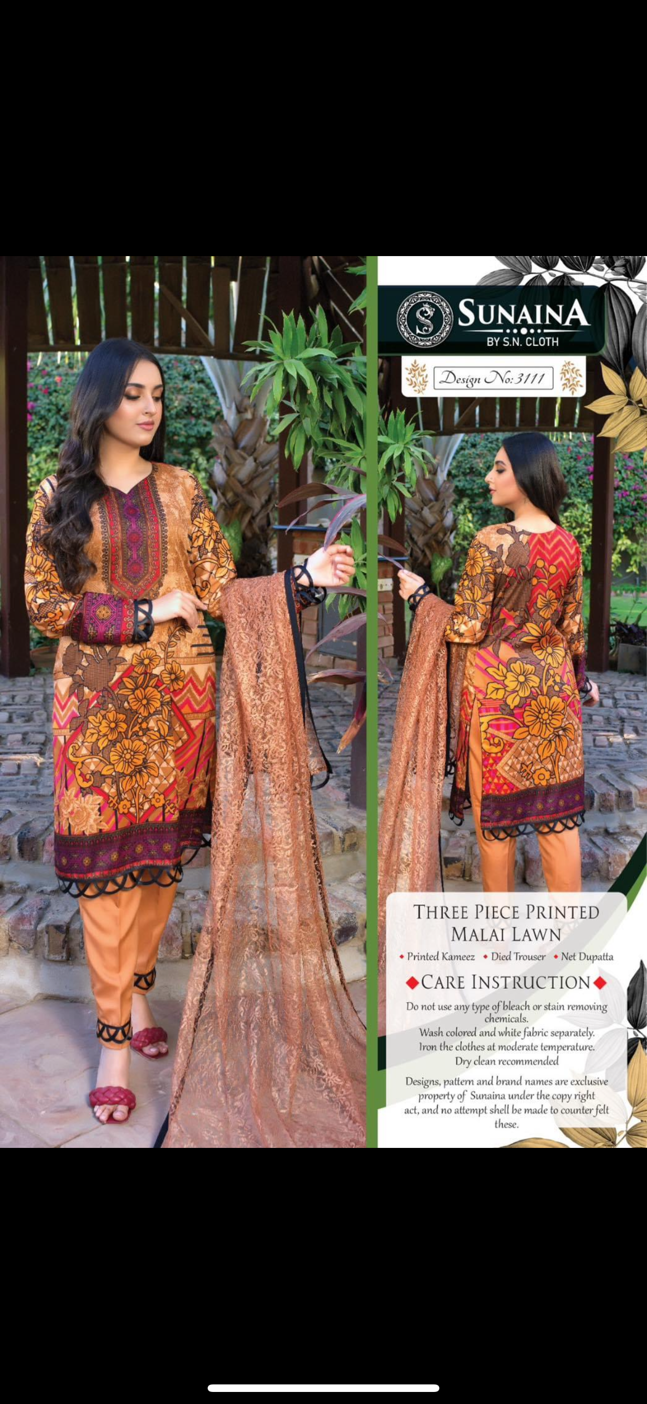 Sunaina three piece printed malai lawn SL25