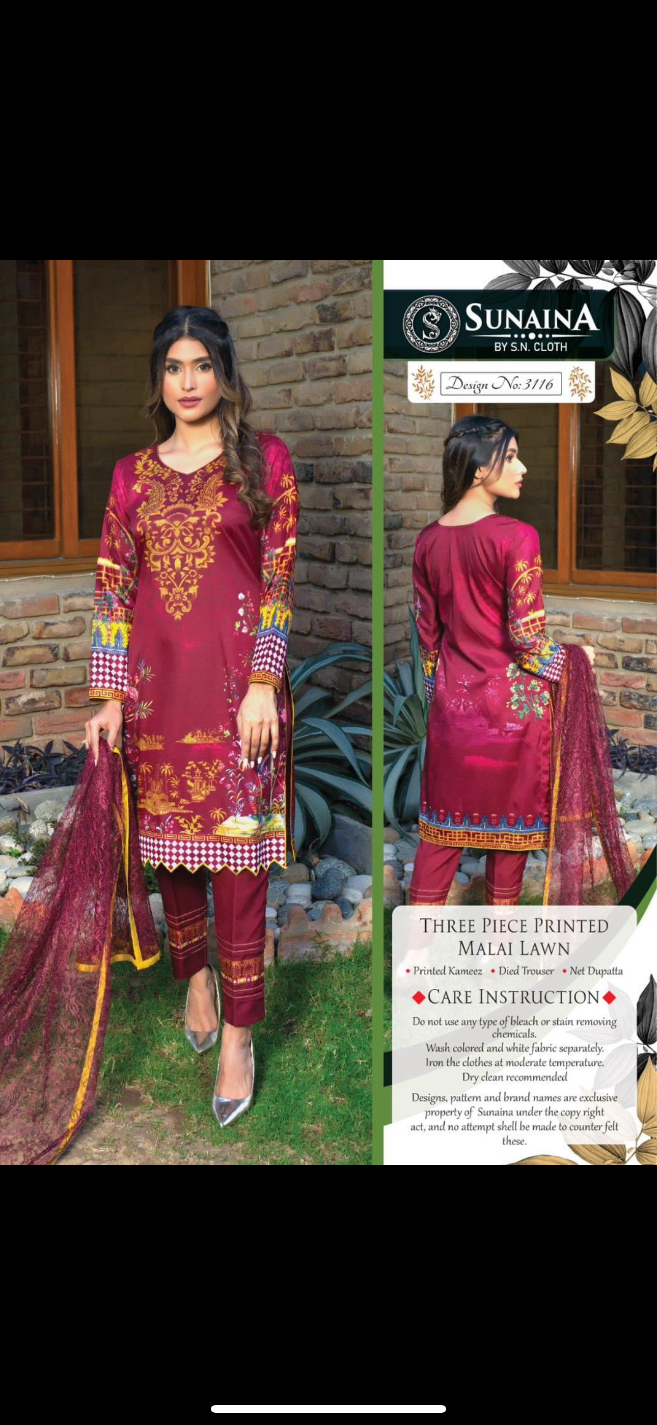 Sunaina three piece printed malai lawn SL30