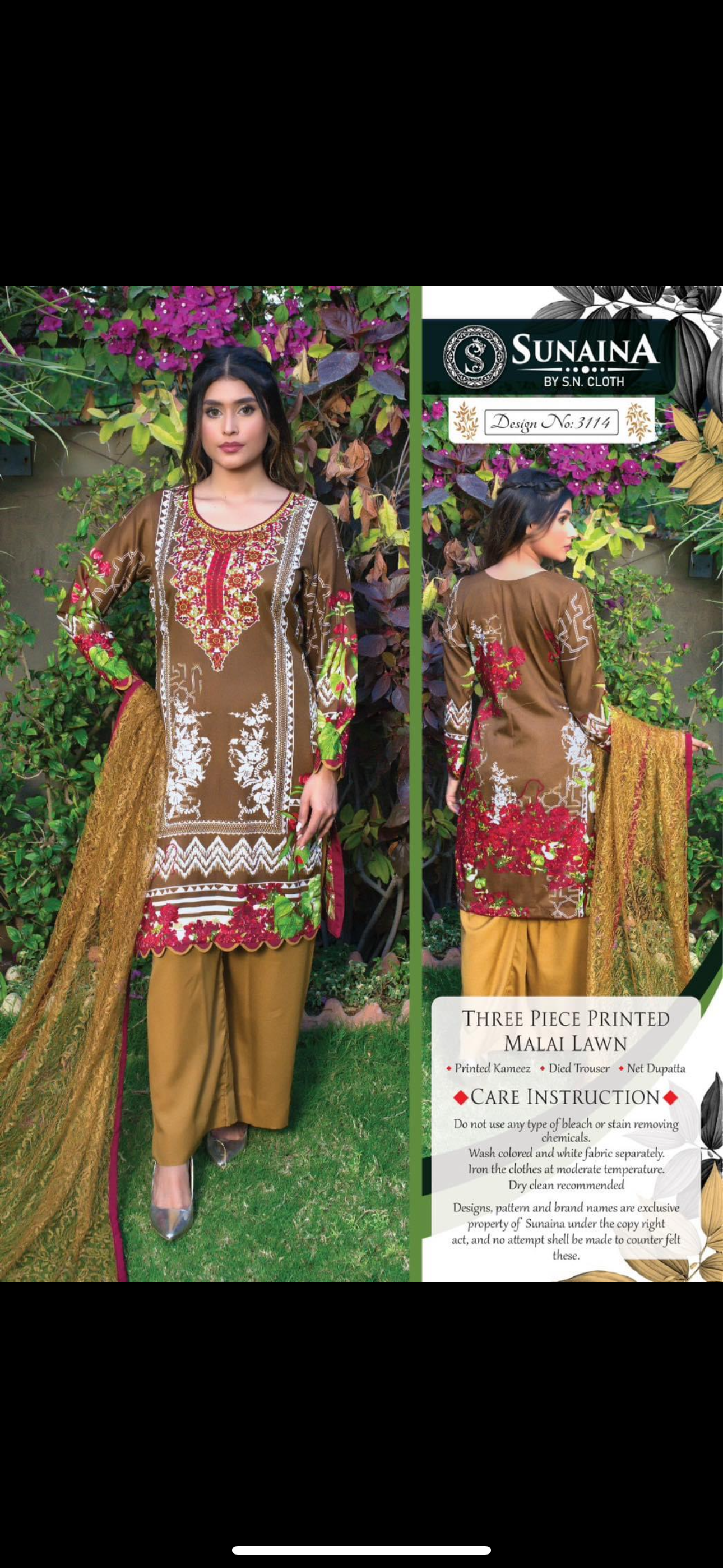 Sunaina three piece printed malai lawn SL28