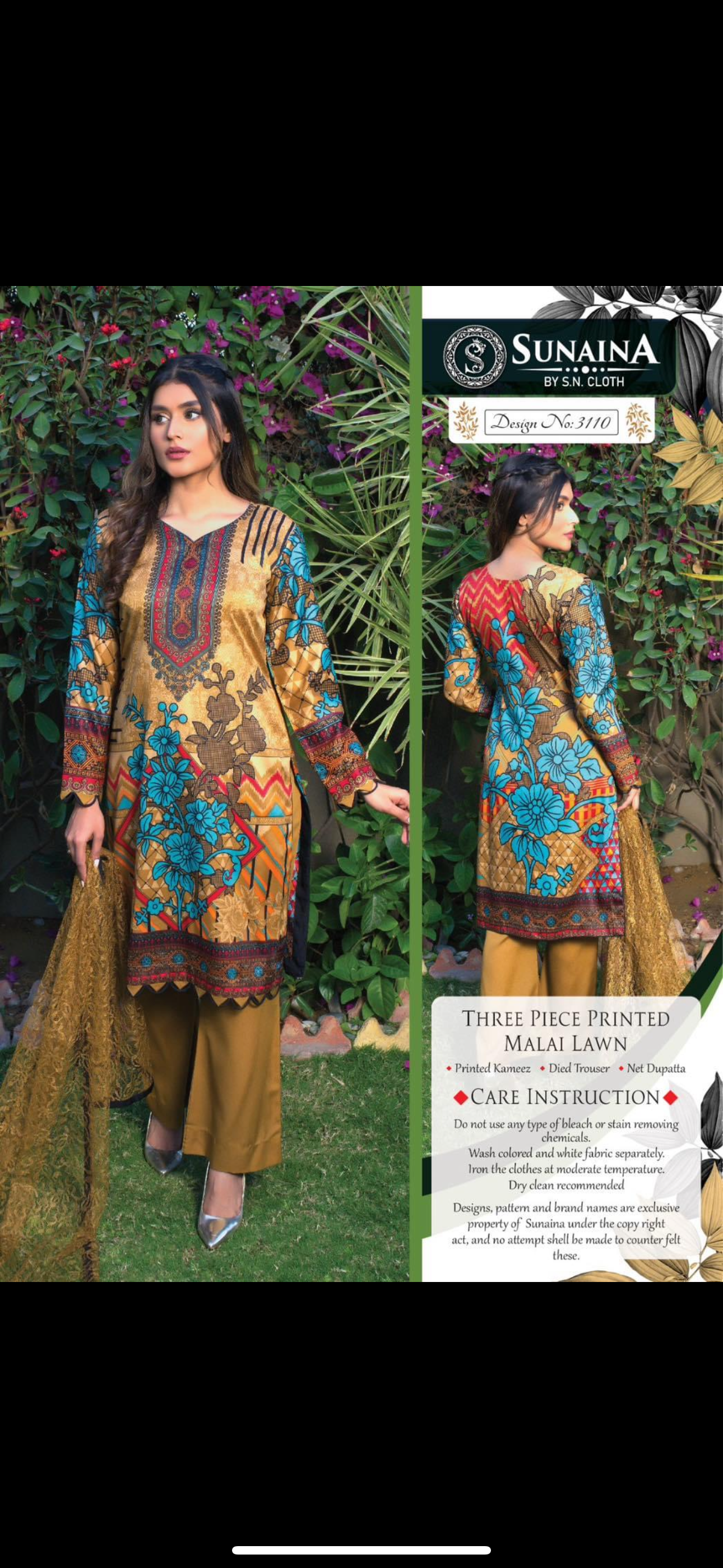 Sunaina three piece printed malai lawn