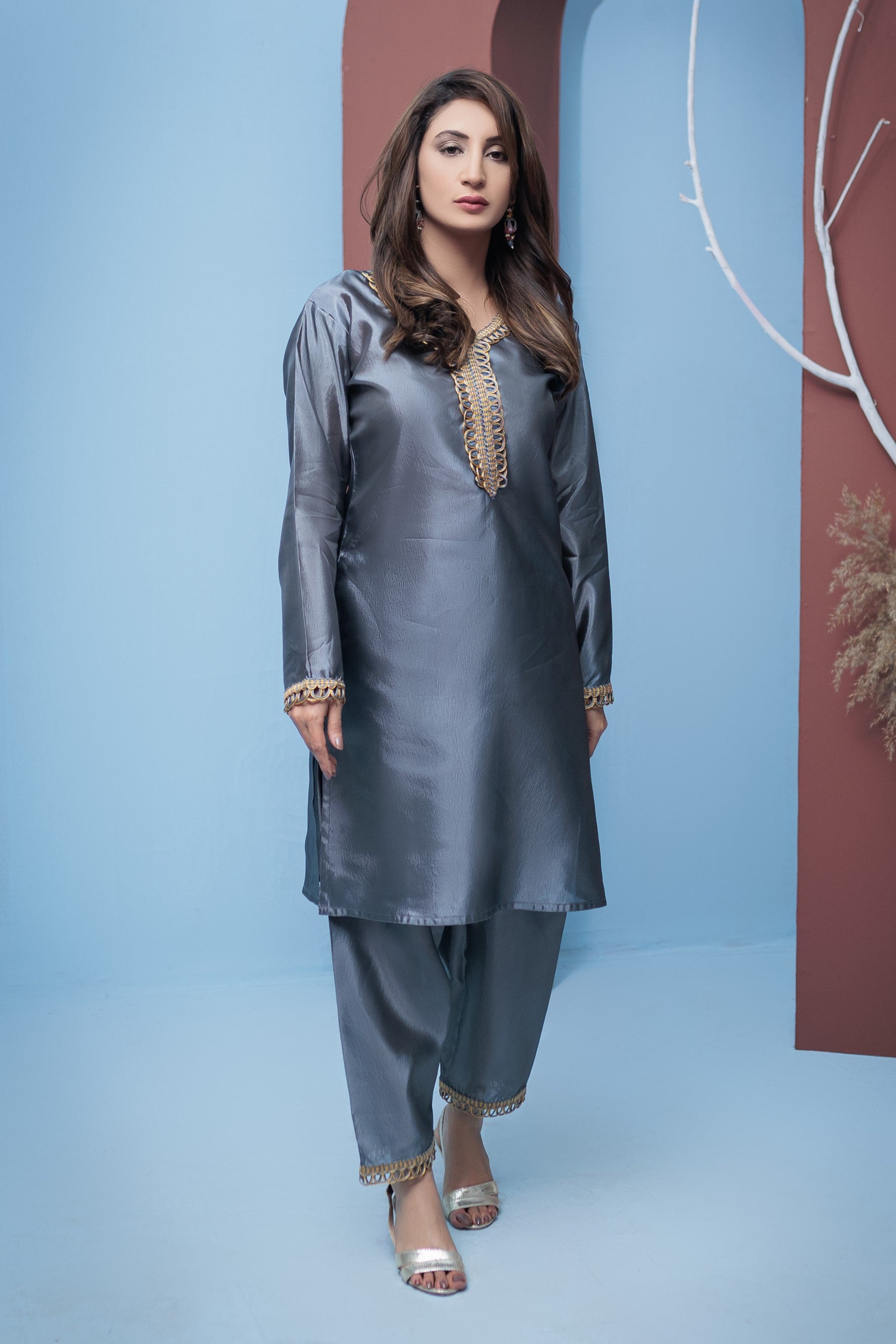 Slate grey plain suit- Areeba's Couture