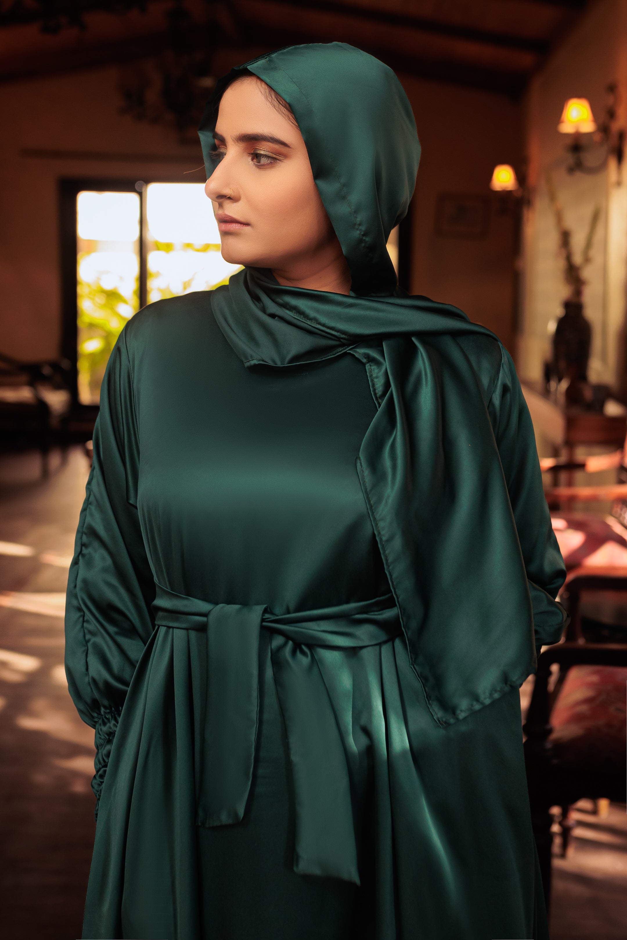 Timber Green Hooded Abaya- Areeba's Couture