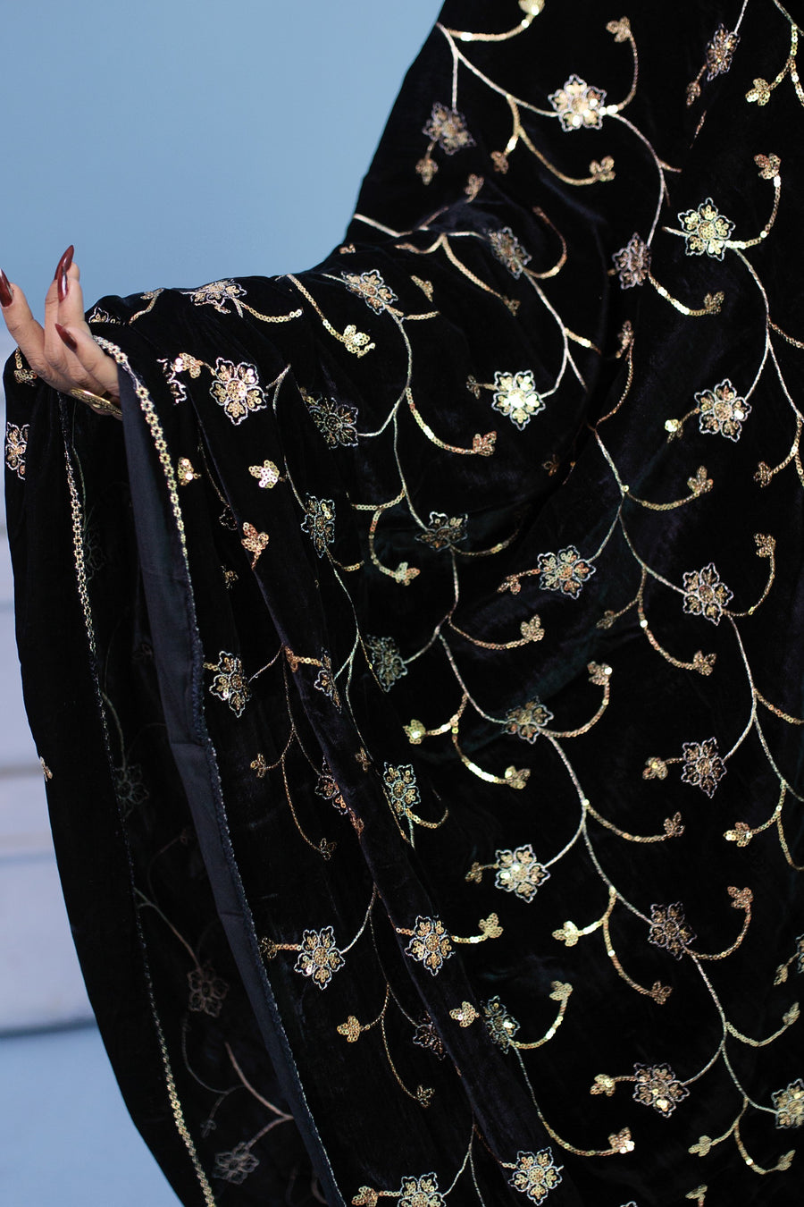 Almost Black Velvet Shawl- Areeba's Couture