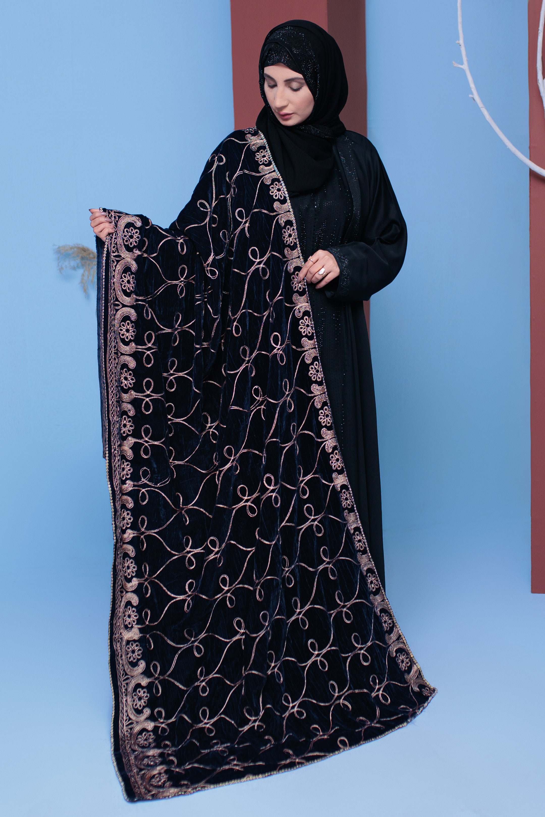 Blue Charcoal Velvet Shawl- Areeba's Couture