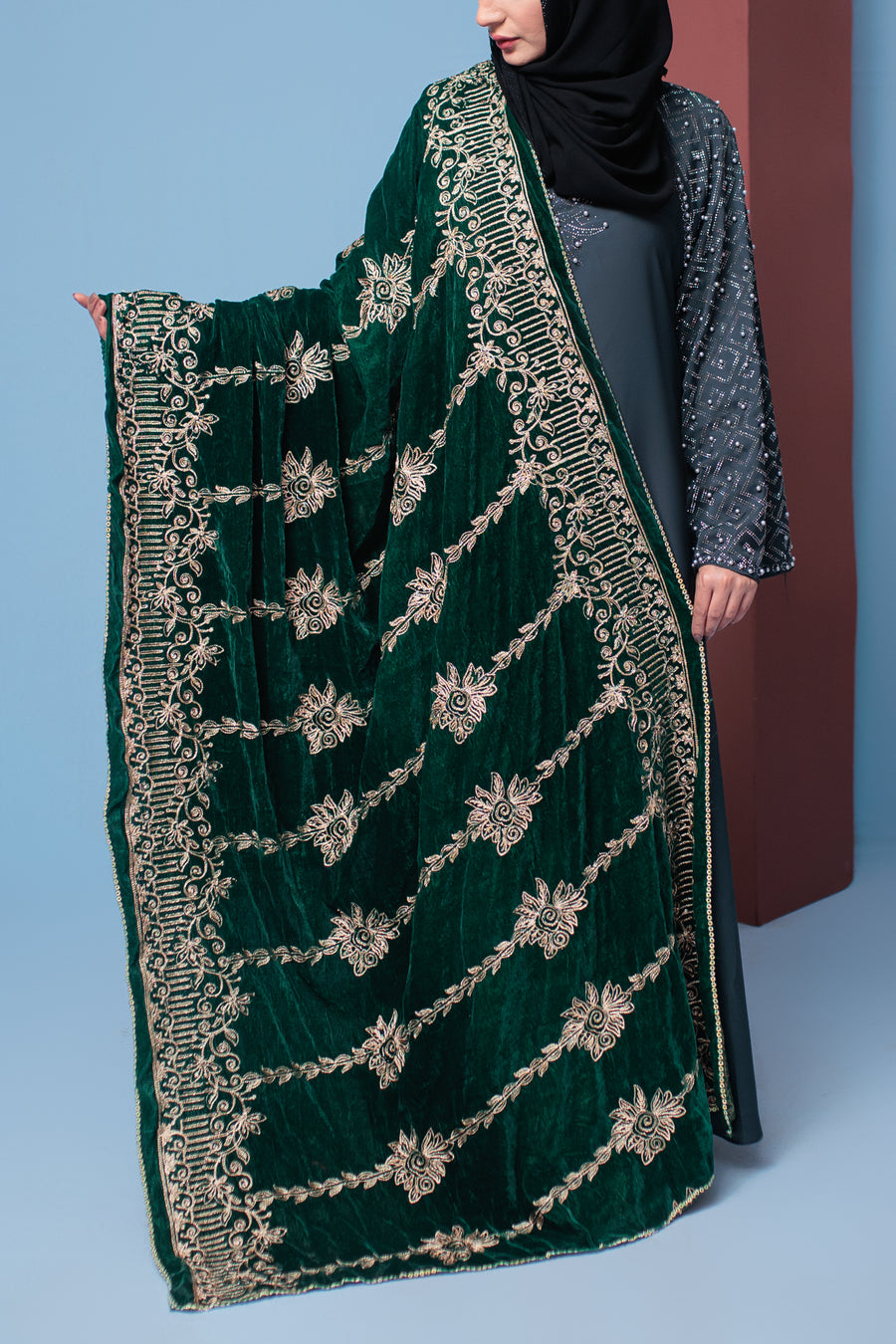 Palm Green Velvet Shawl- Areeba's Couture