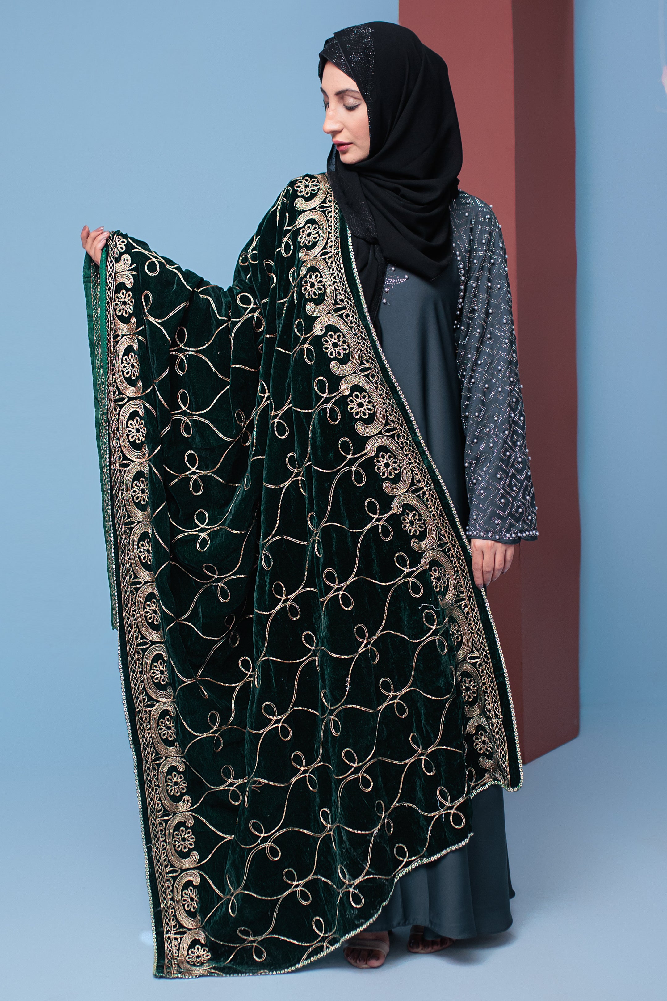 Racing Green embroidered Velvet Shawl- Areeba's Couture