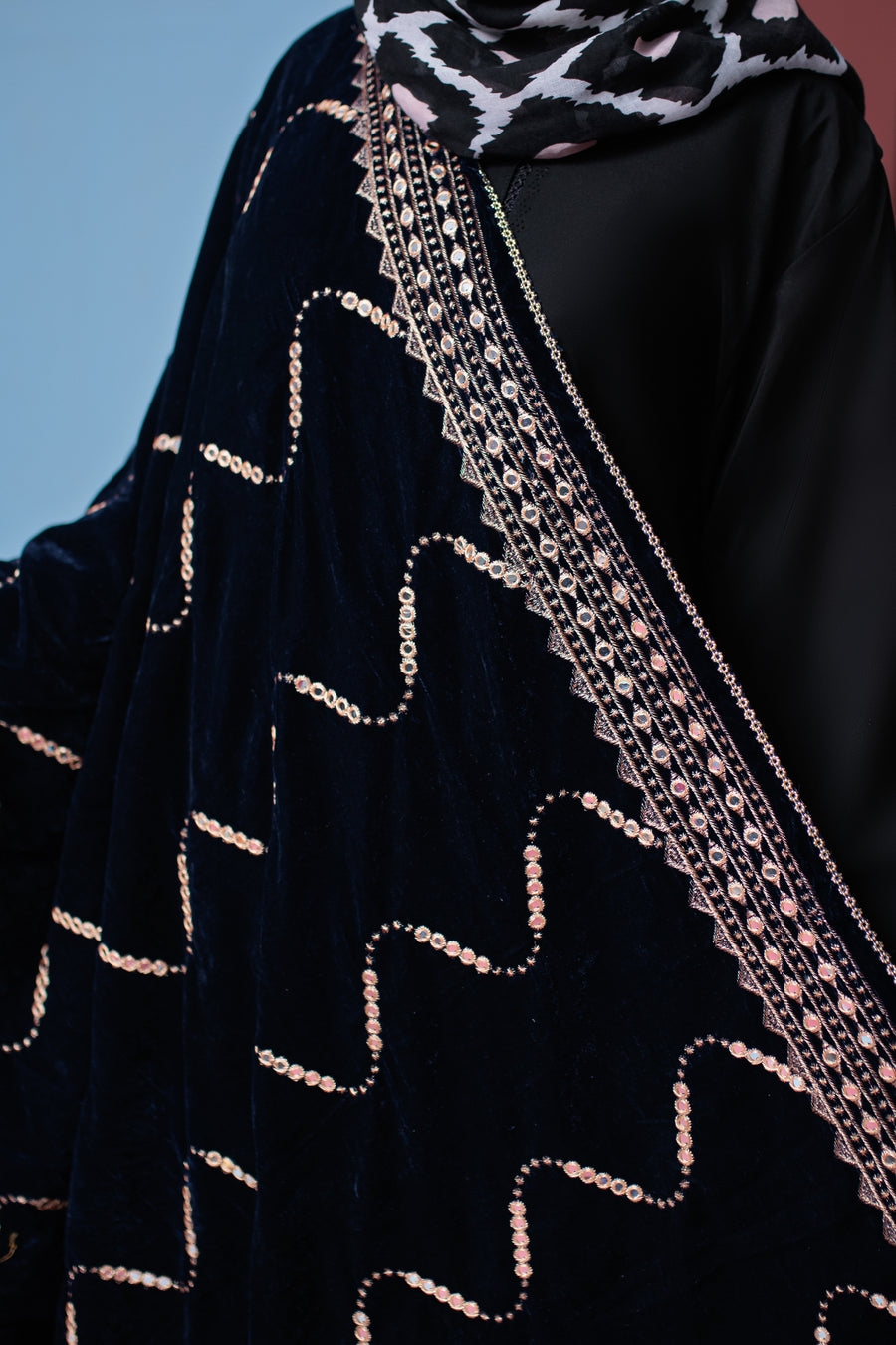 Tealish Blue Velvet Shawl- Areeba's Couture