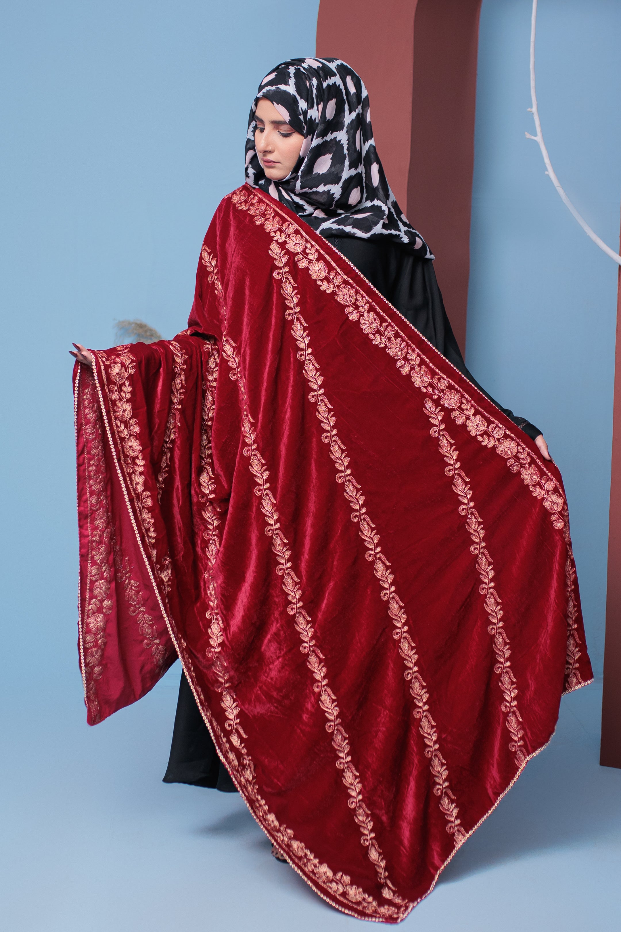 Firebrick Velvet Shawl- Areeba's Couture