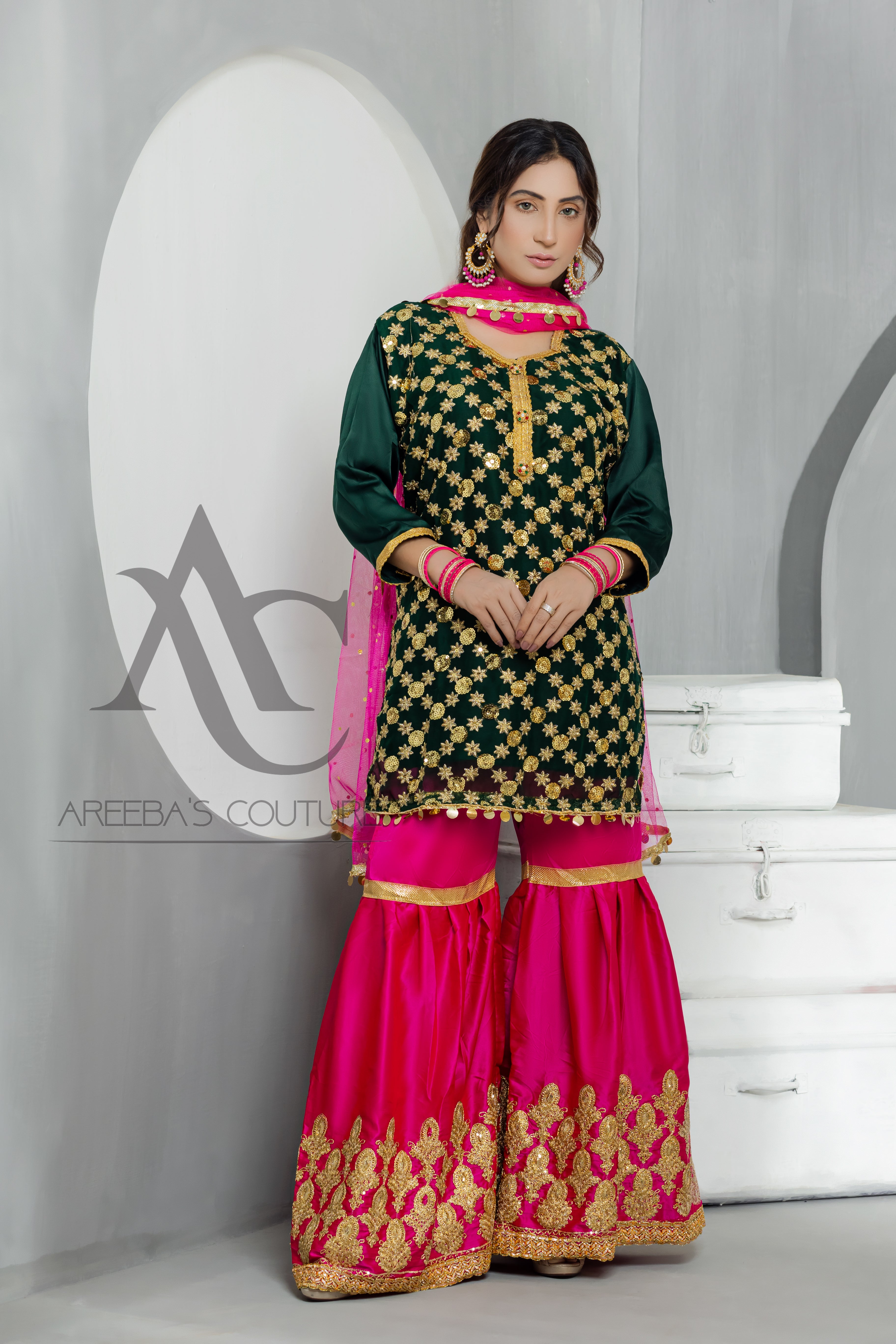 Silk mehndi gharaa suit- Areeba's Couture