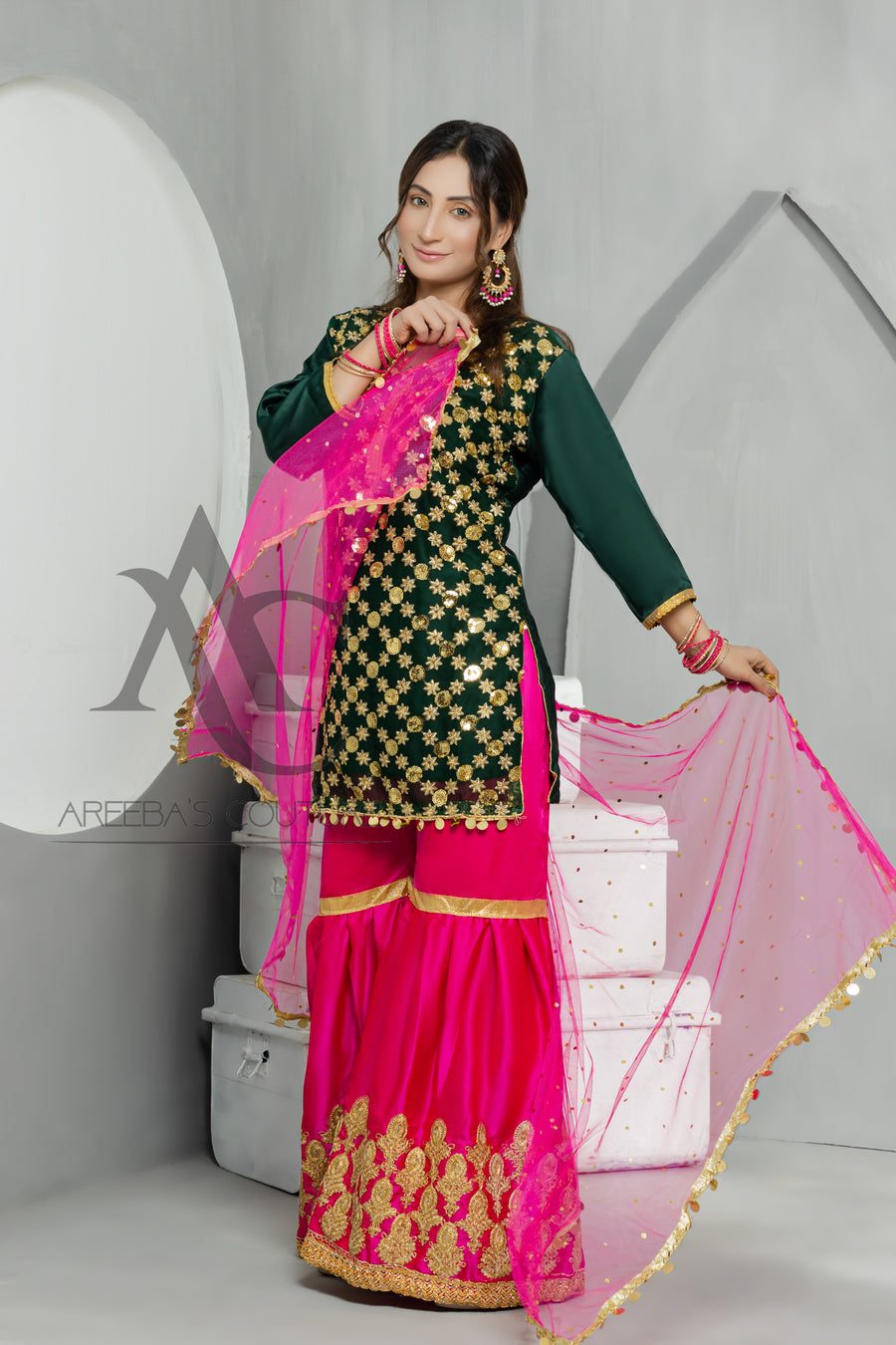 Silk mehndi gharaa suit- Areeba's Couture