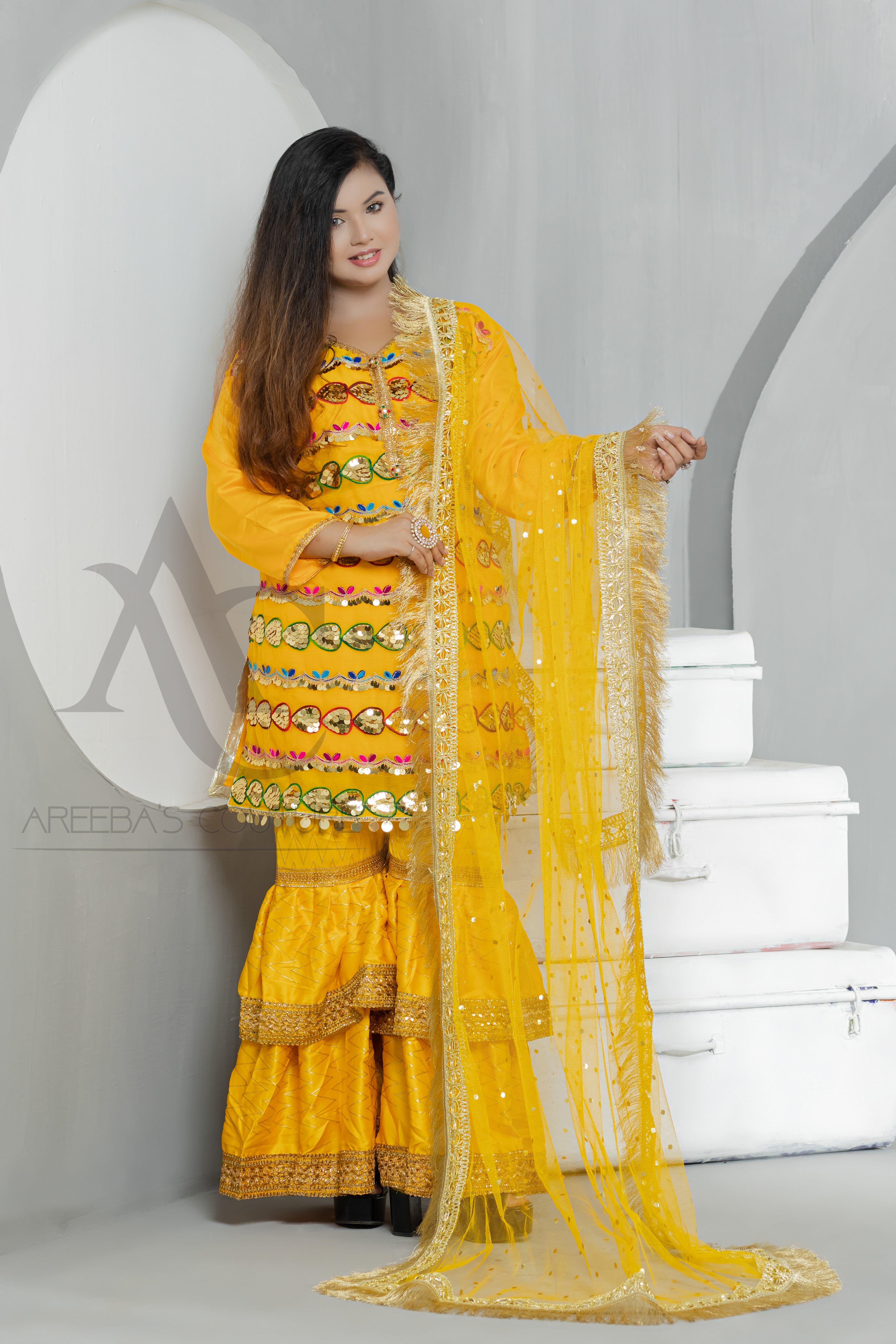 Silk mehndi gharaa suit- Areeba's Couture