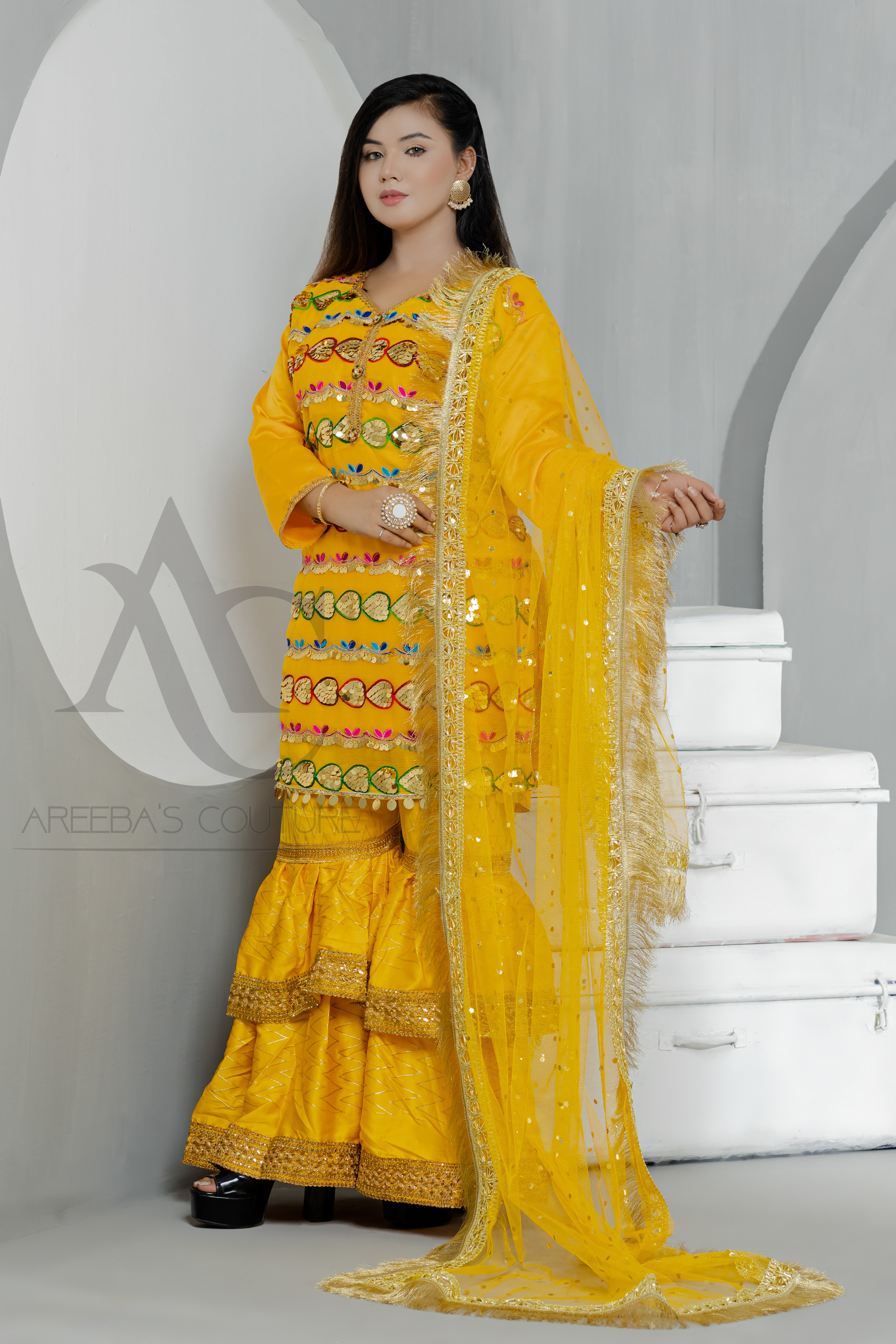 Silk mehndi gharaa suit- Areeba's Couture