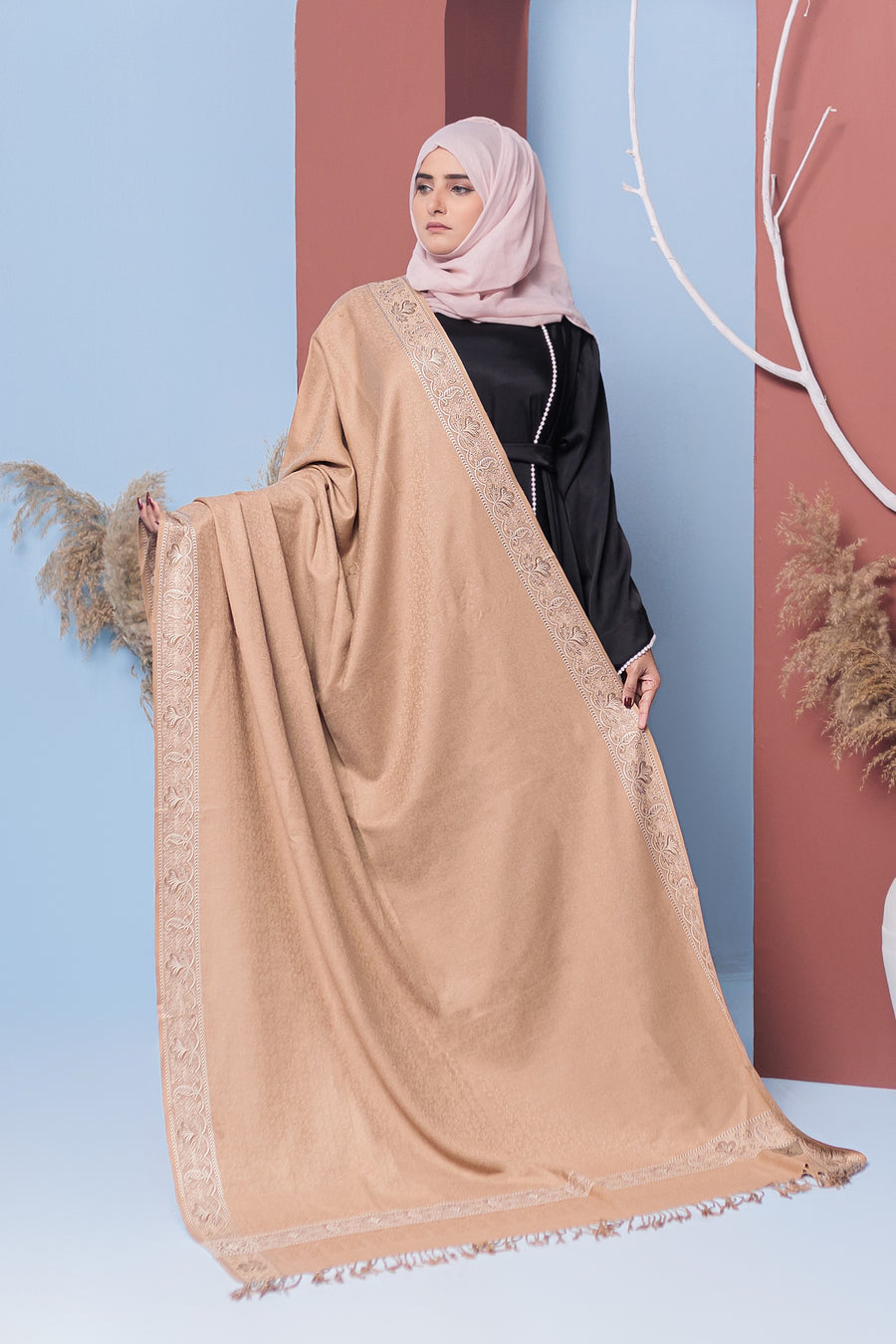 Pale Taupe Pashmina Shawl- Areeba's Couture