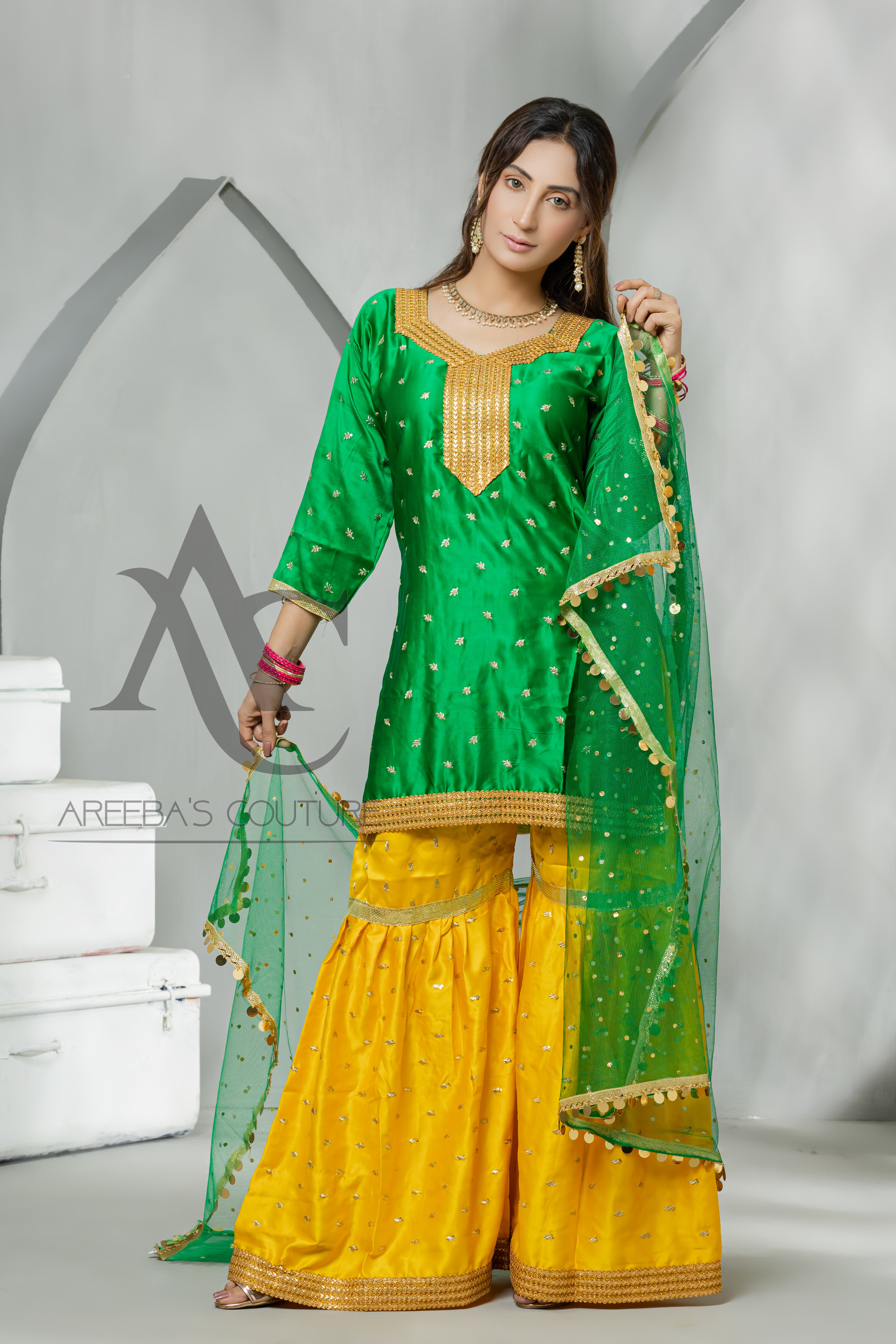 Silk mehndi gharaa suit- Areeba's Couture