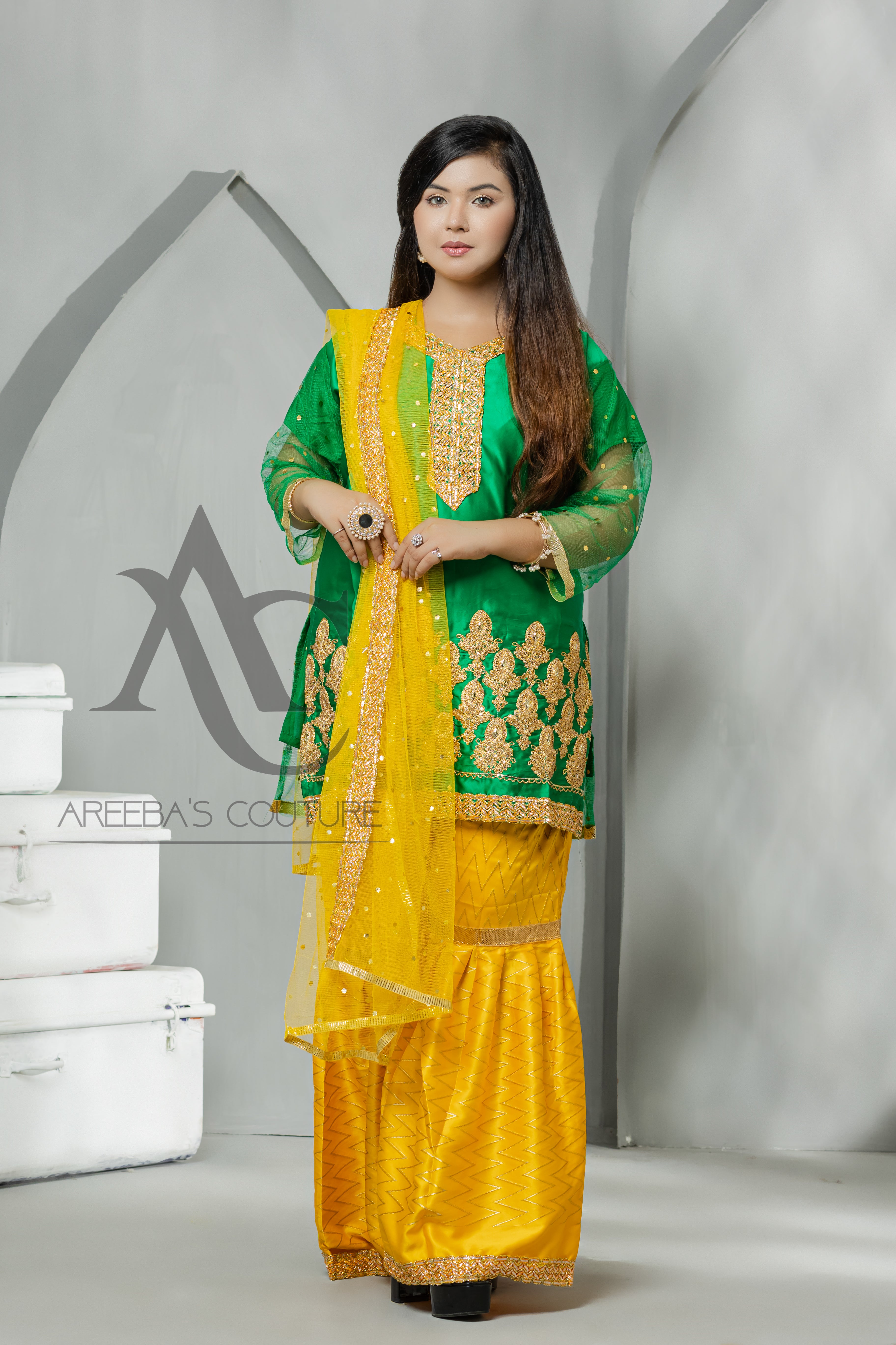 Silk mehndi gharaa suit- Areeba's Couture