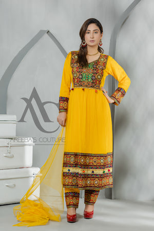 Chiffon mehndi frock 3 pcs- Areeba's Couture