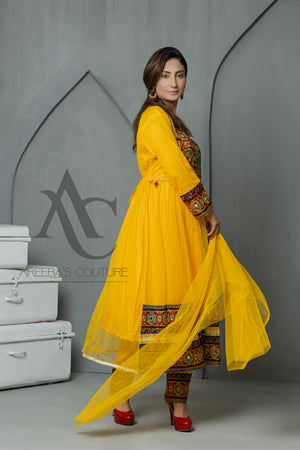 Chiffon mehndi frock 3 pcs- Areeba's Couture