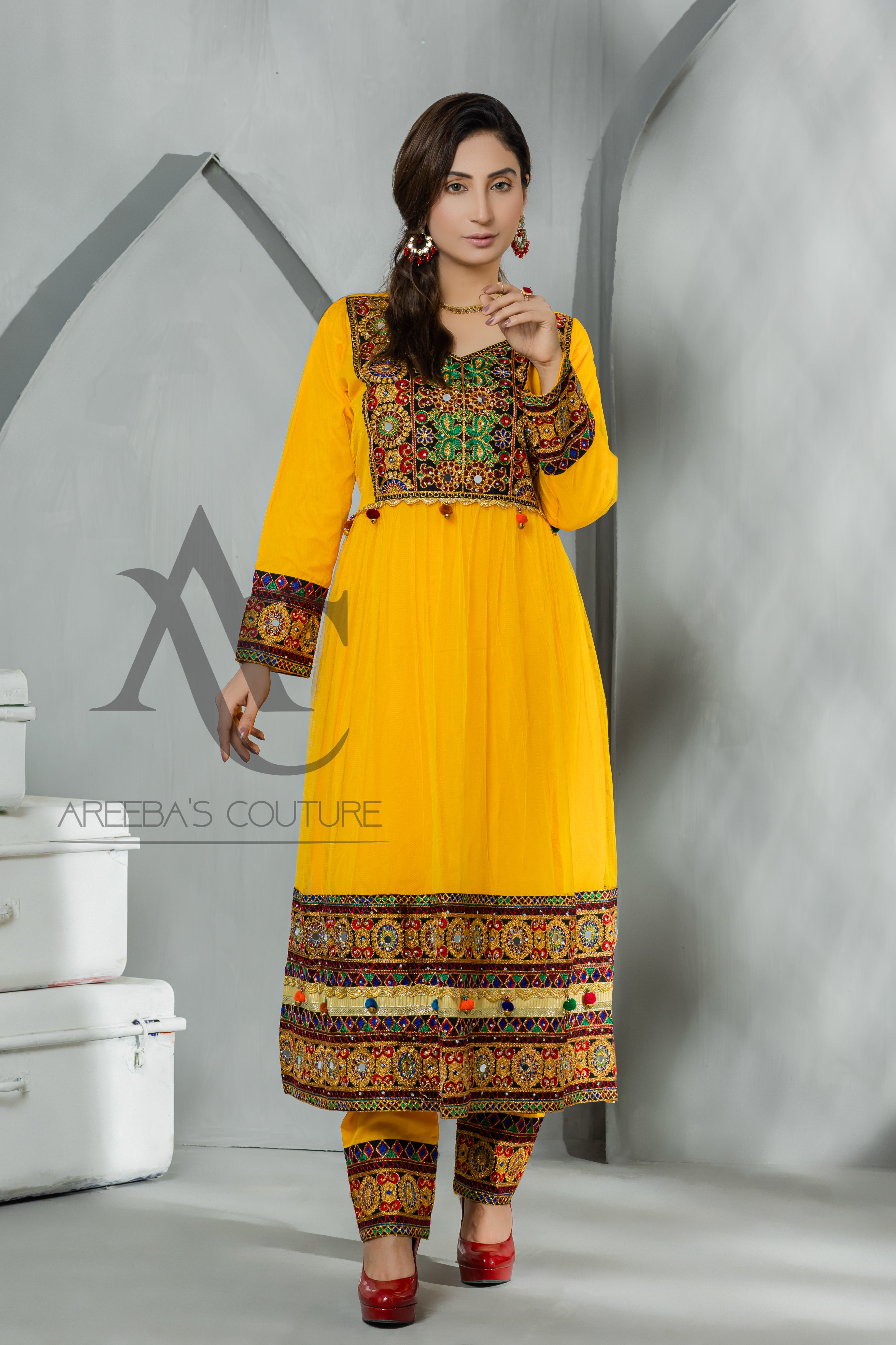 Chiffon mehndi frock 3 pcs- Areeba's Couture