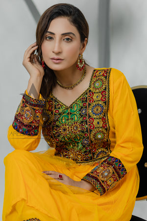 Chiffon mehndi frock 3 pcs- Areeba's Couture