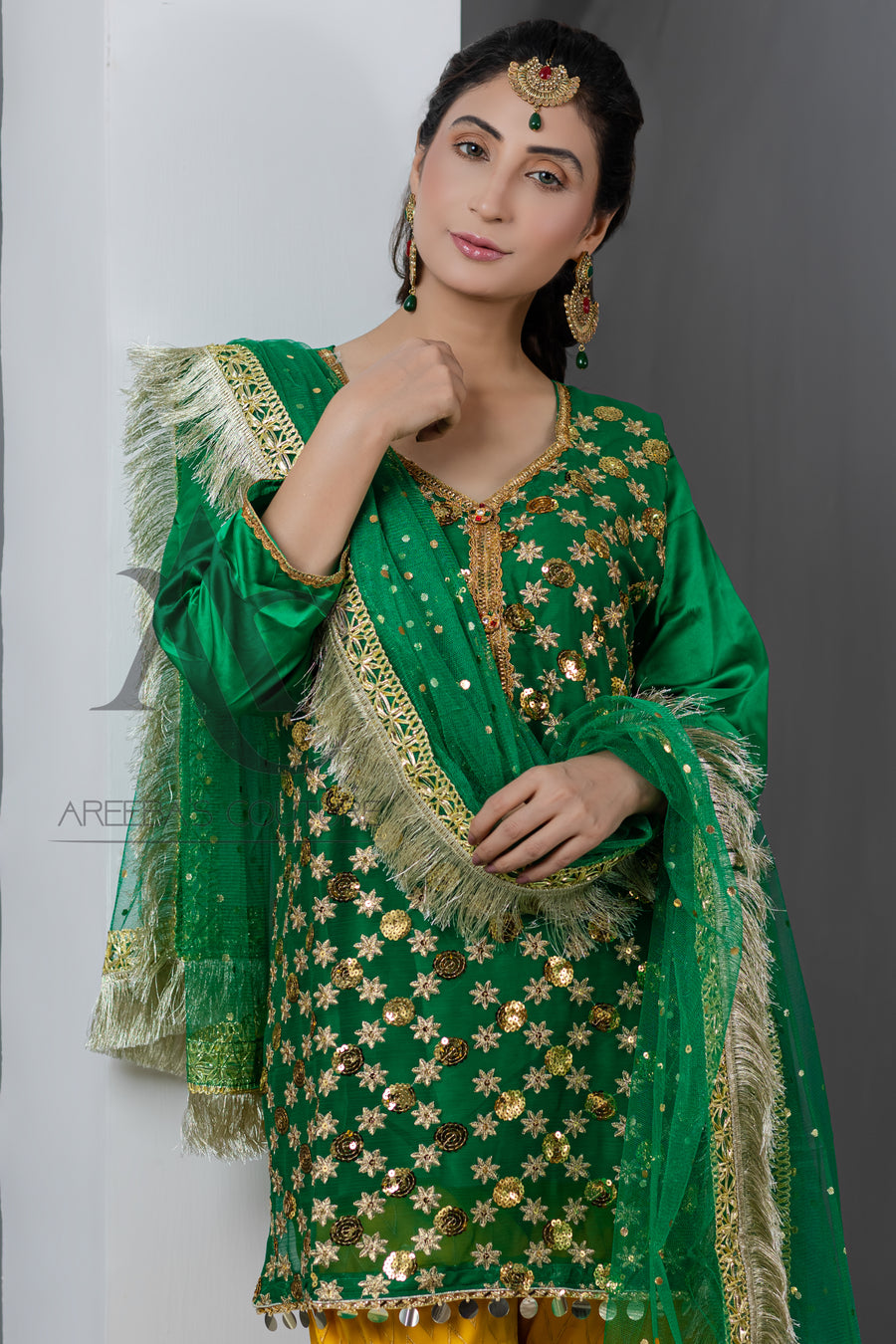 Silk mehndi gharaa suit- Areeba's Couture