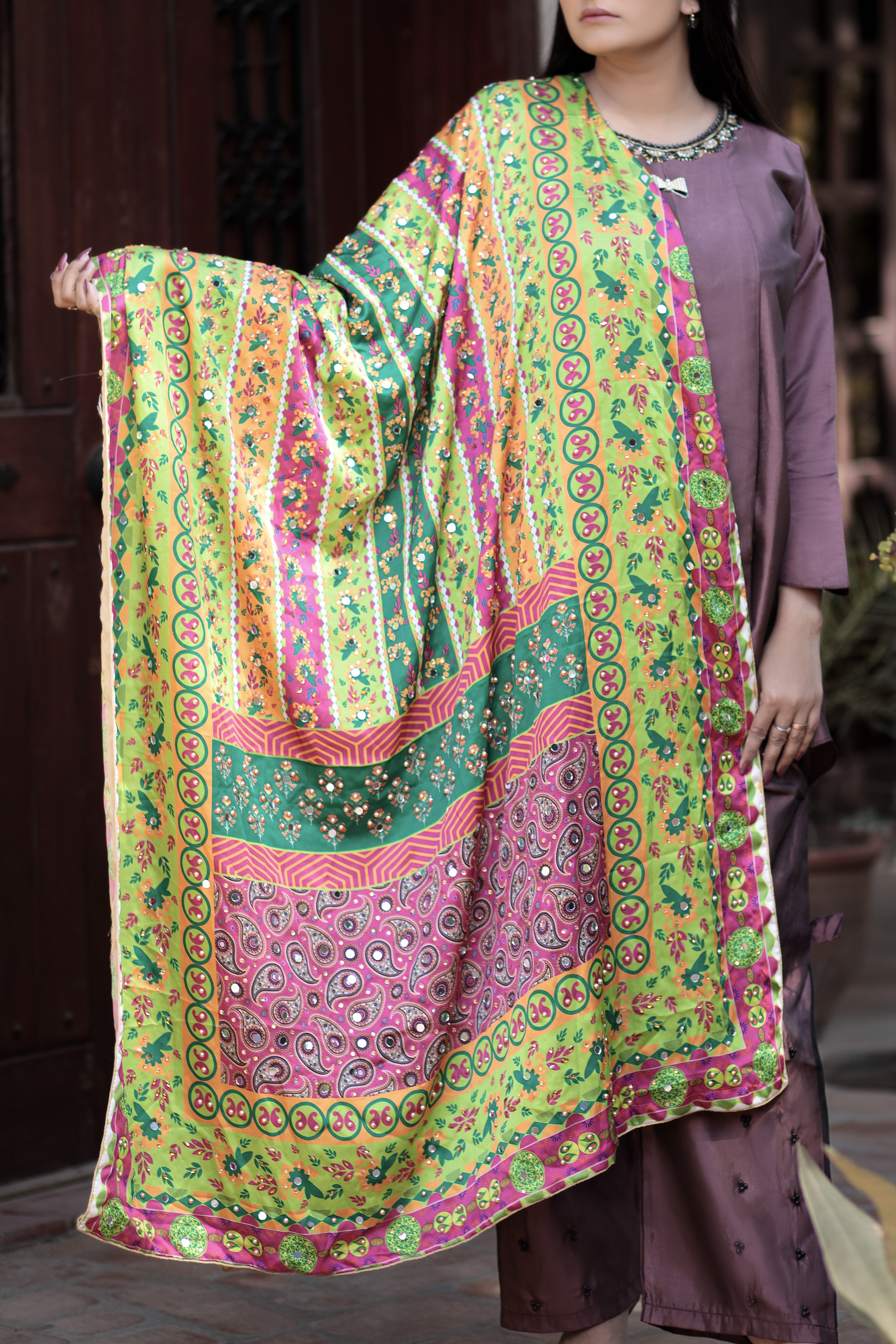 Pale Olive Green silk dupatta- Areeba's Couture