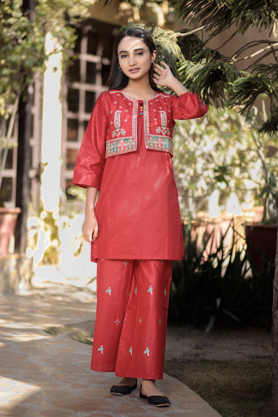 Faded Red Koti suit- Areeba's Couture