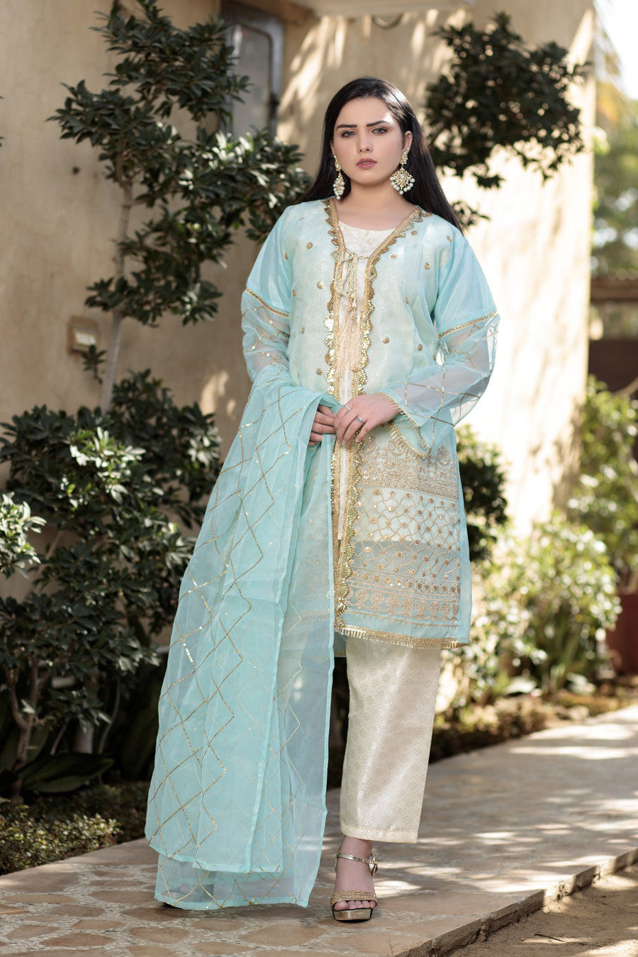 Platinum & Coral Blue open shirt- Areeba's Couture