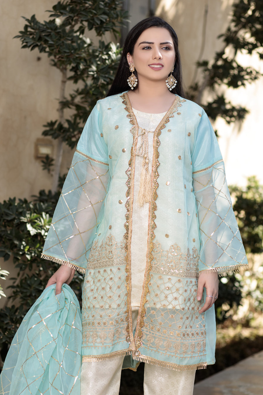 Platinum & Coral Blue open shirt- Areeba's Couture