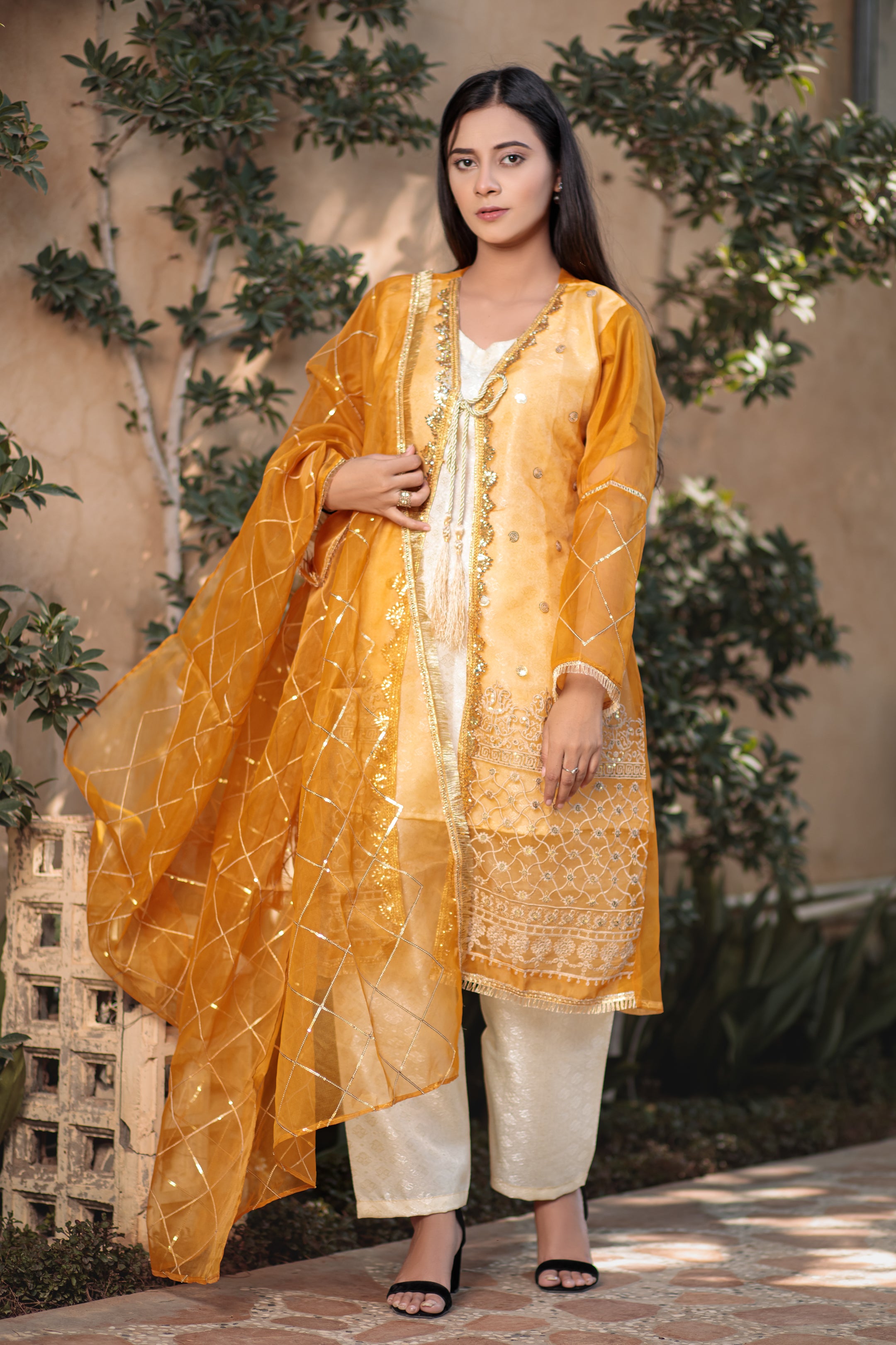 Platinum & Dirty Orange open shirt- Areeba's Couture