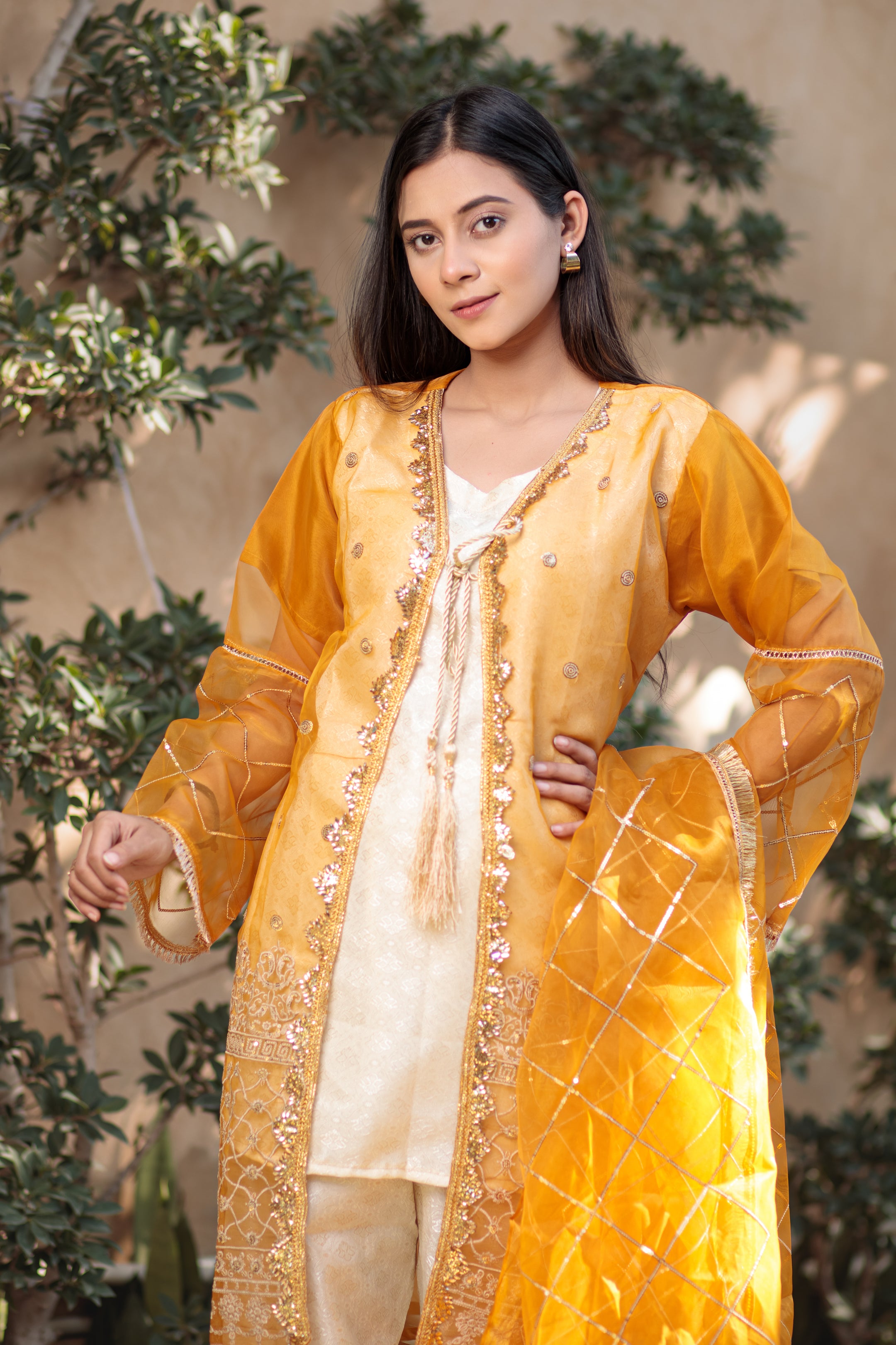 Platinum & Dirty Orange open shirt- Areeba's Couture