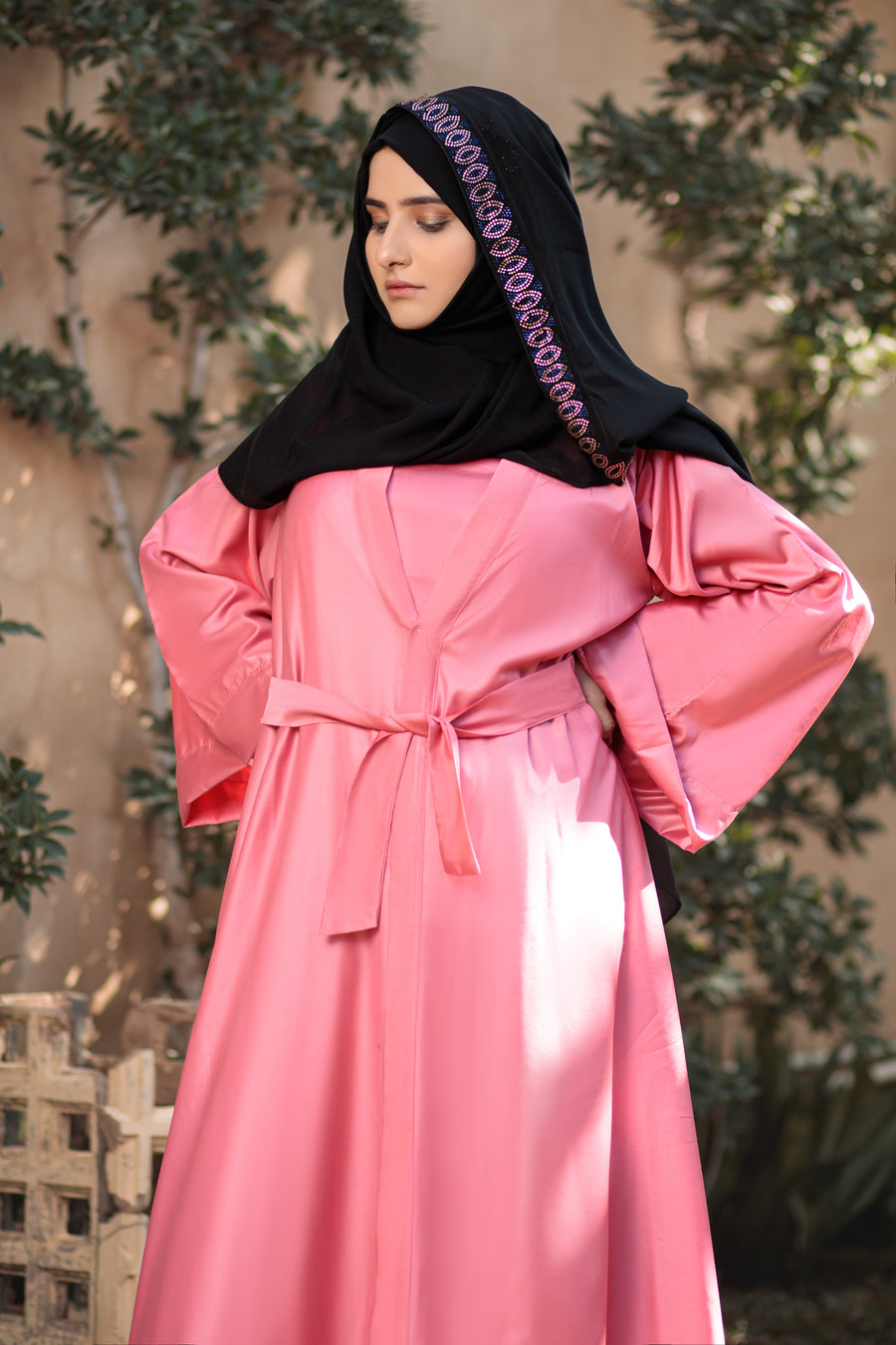 Flamingo Pink Dania Abaya- Areeba's Couture