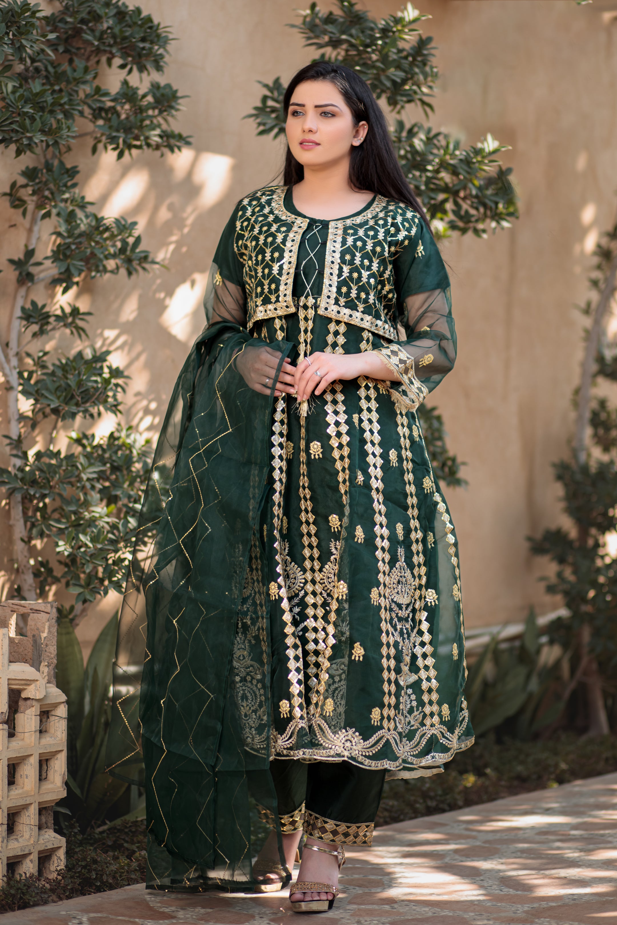 Bottle Green waist coat maxi frock- Areeba's Couture