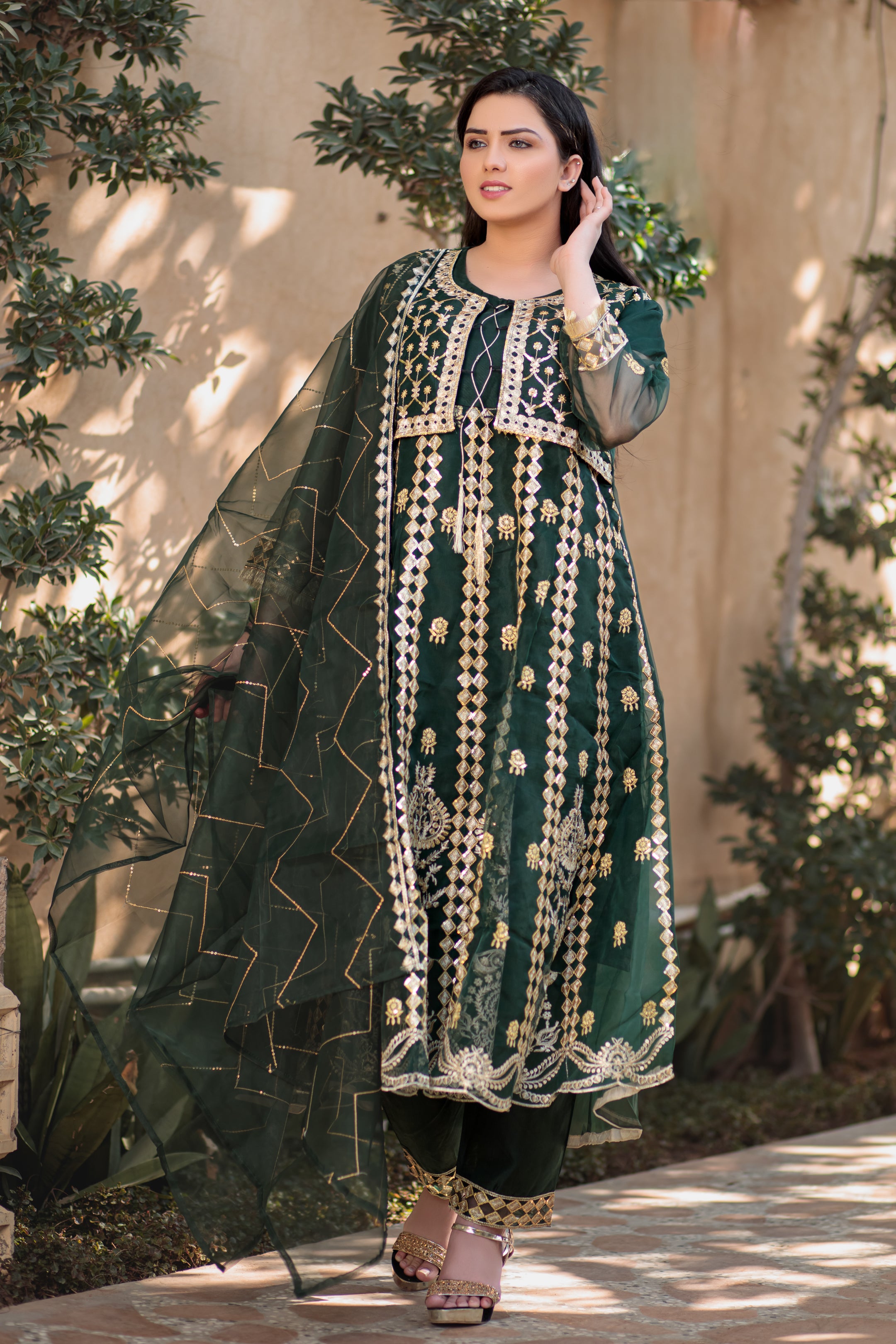 Bottle Green waist coat maxi frock- Areeba's Couture