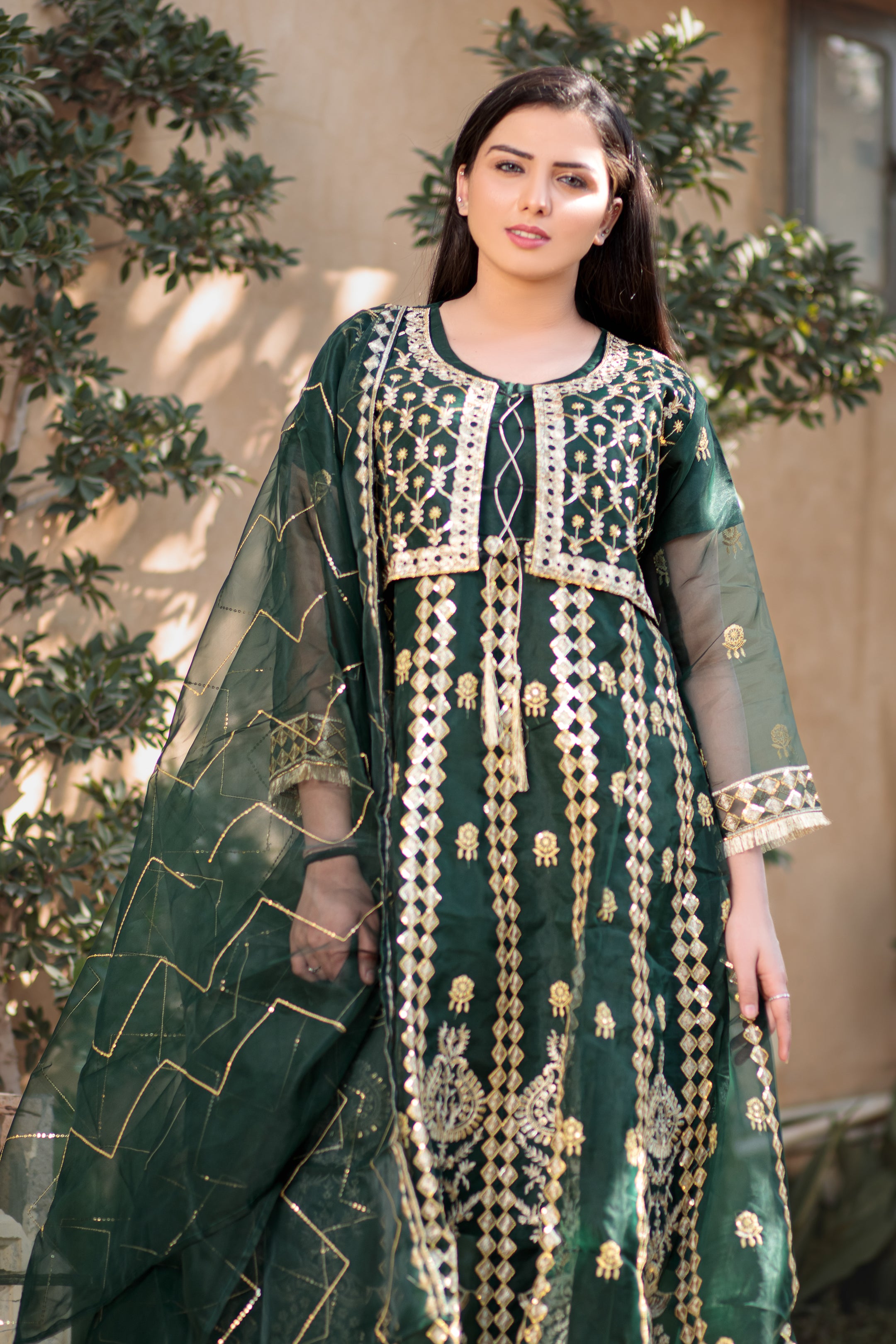 Bottle Green waist coat maxi frock- Areeba's Couture