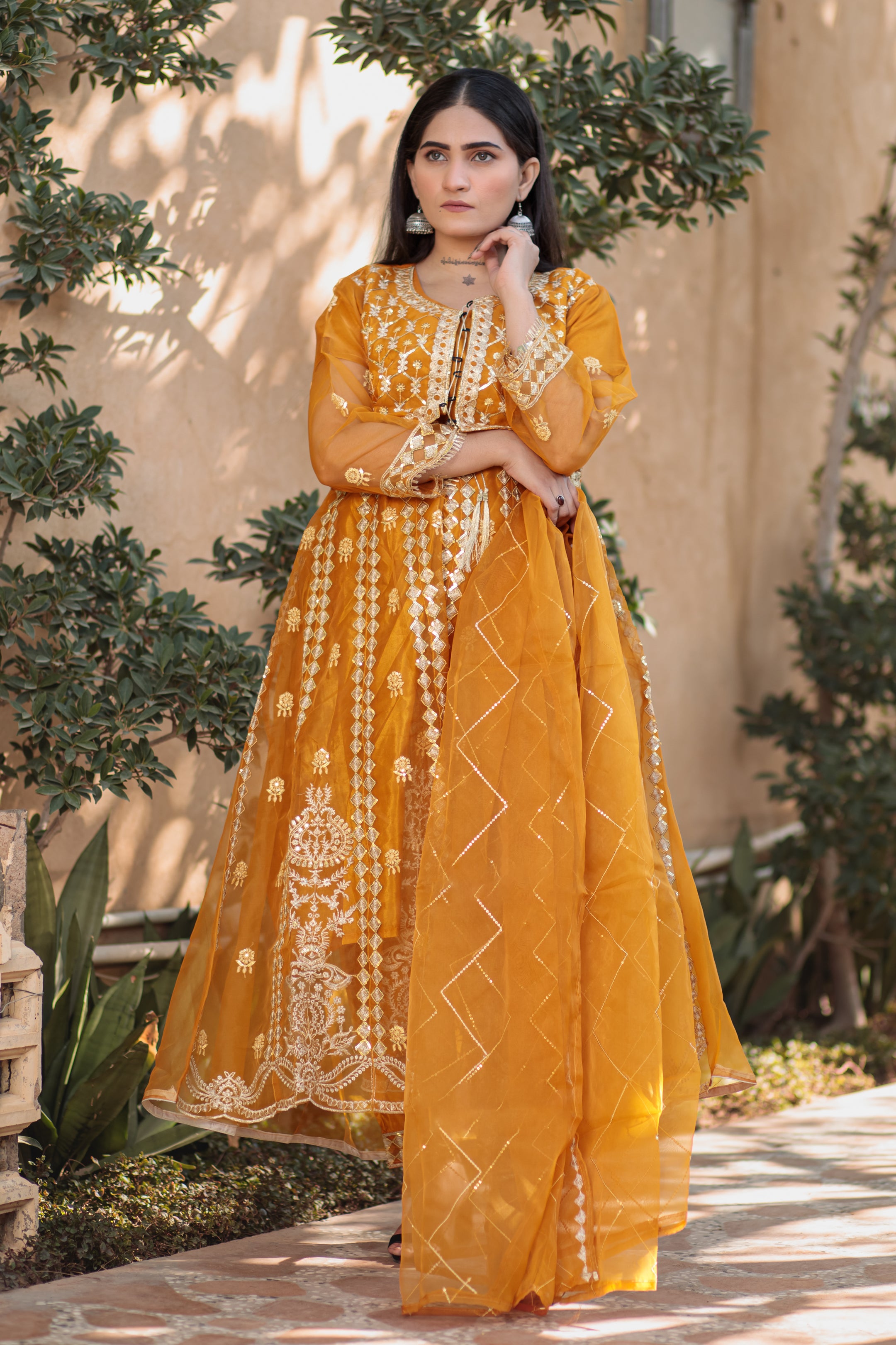 Mustard waist coat maxi frock- Areeba's Couture