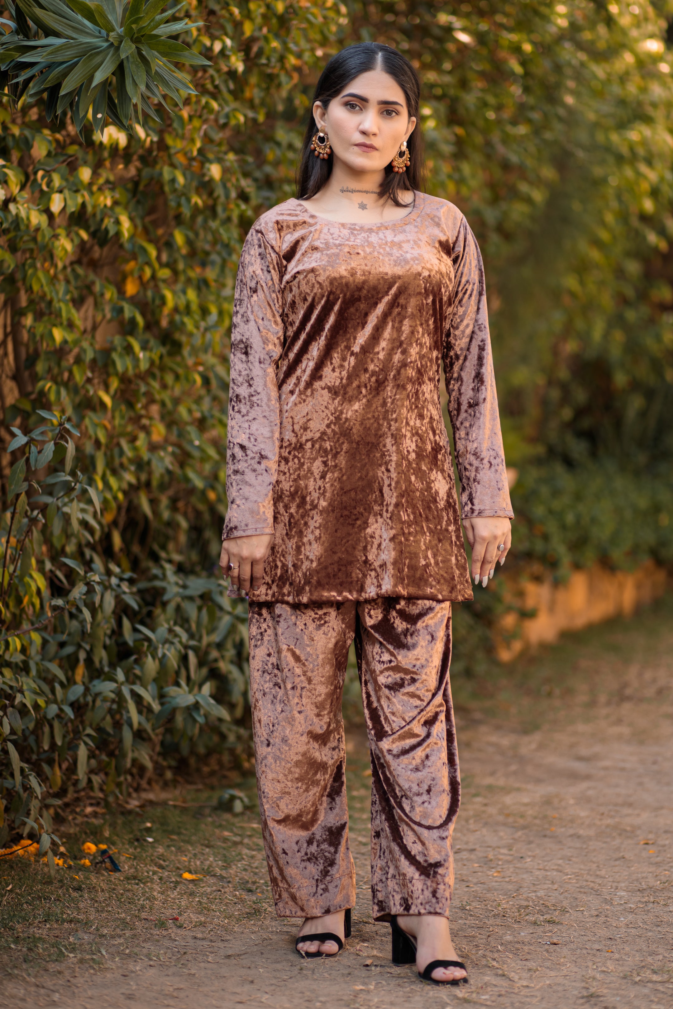 Antique Brass Velvet Co ord set- Areeba's Couture