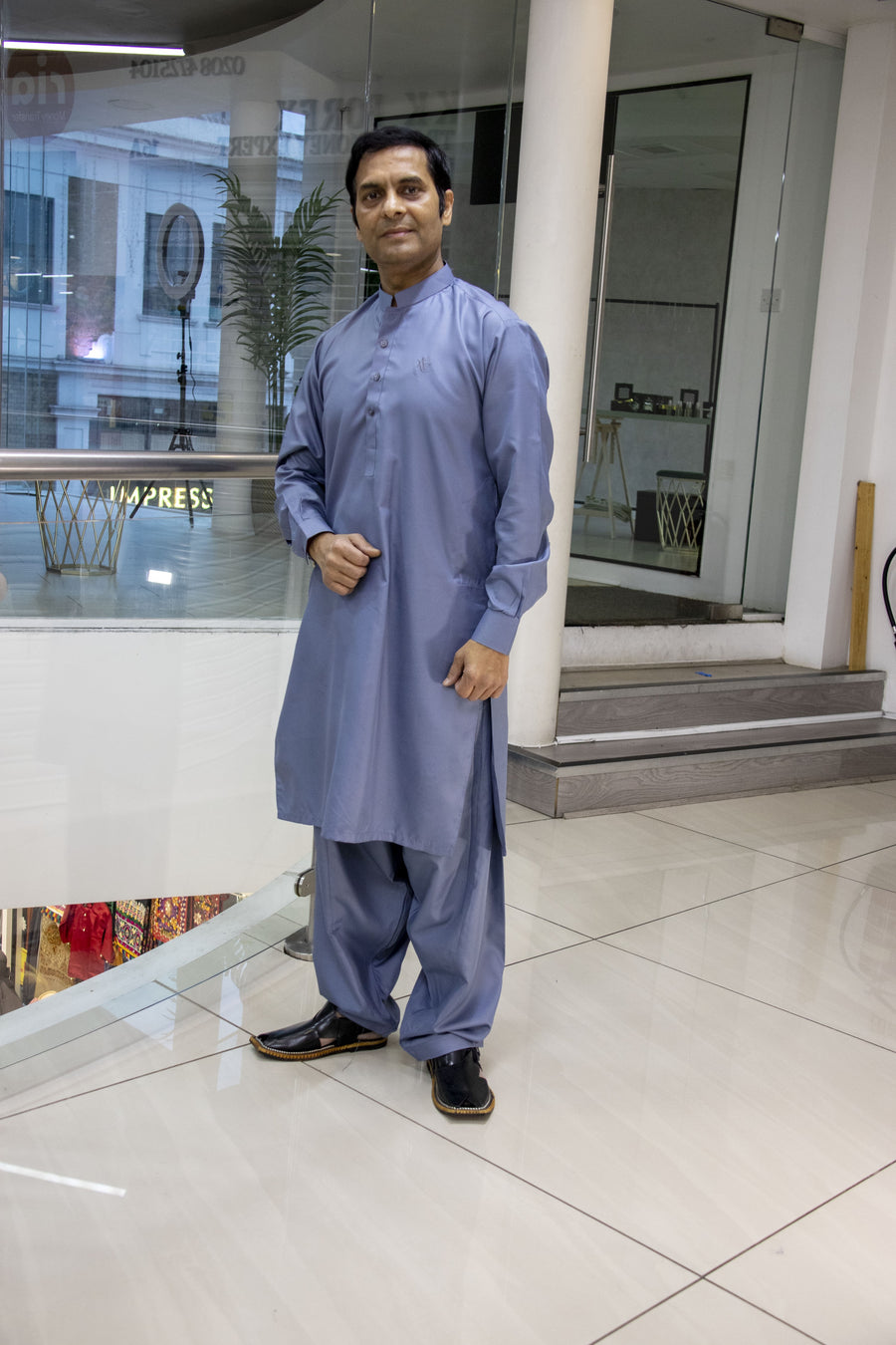 Light Blue Grey Salwar kameez Gents- Areeba's Couture