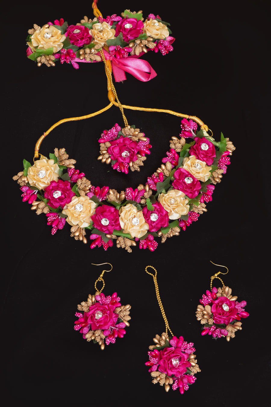 Hot pink and Gold Flower Jewellery necklace earrings Bindi Gajra- Areeba's Couture