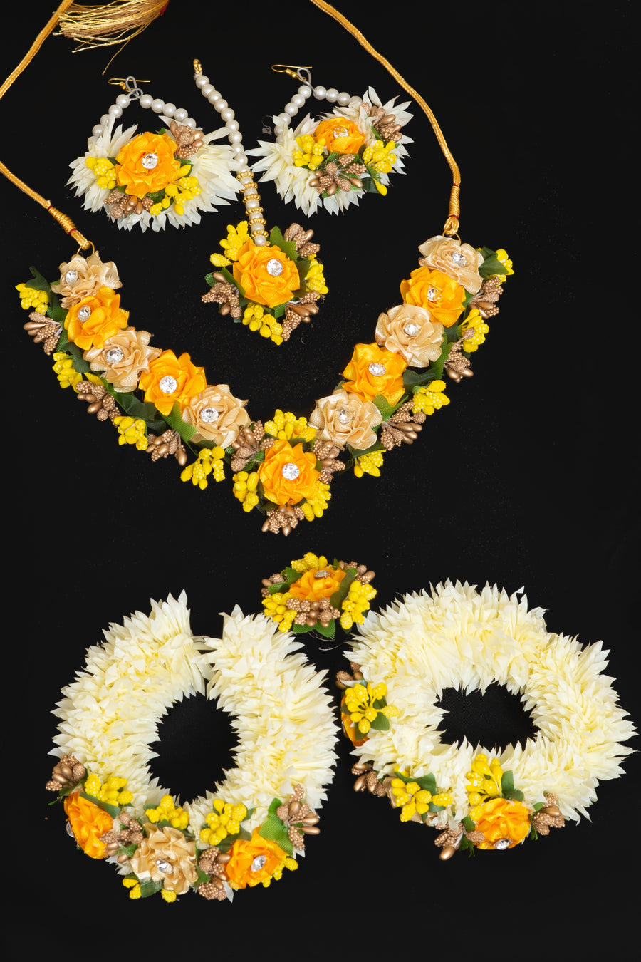 Mustard Flower Jewellery necklace earrings Bindi Gajra- Areeba's Couture
