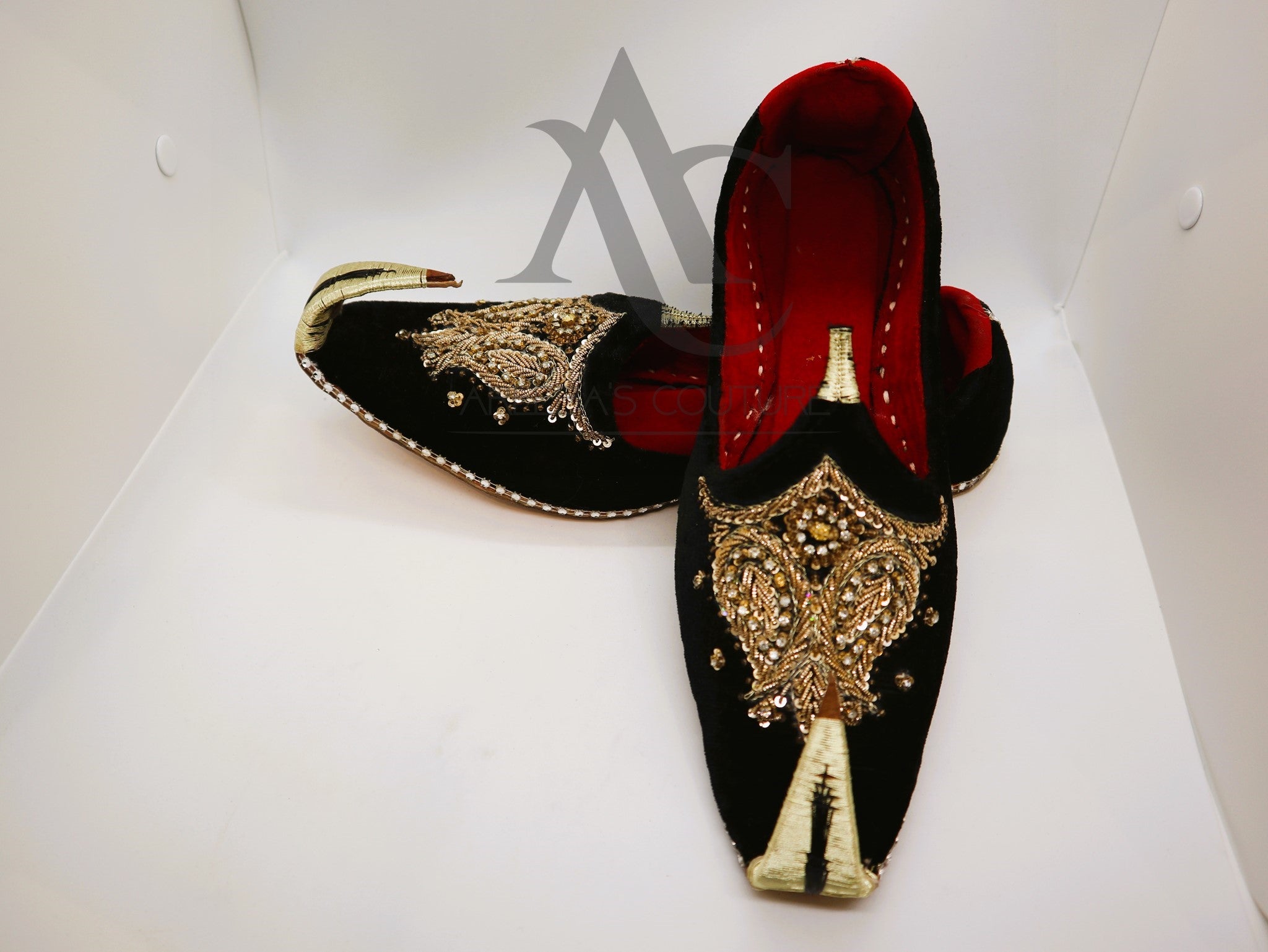 Velvet gem work khussa for groom- Areeba's Couture