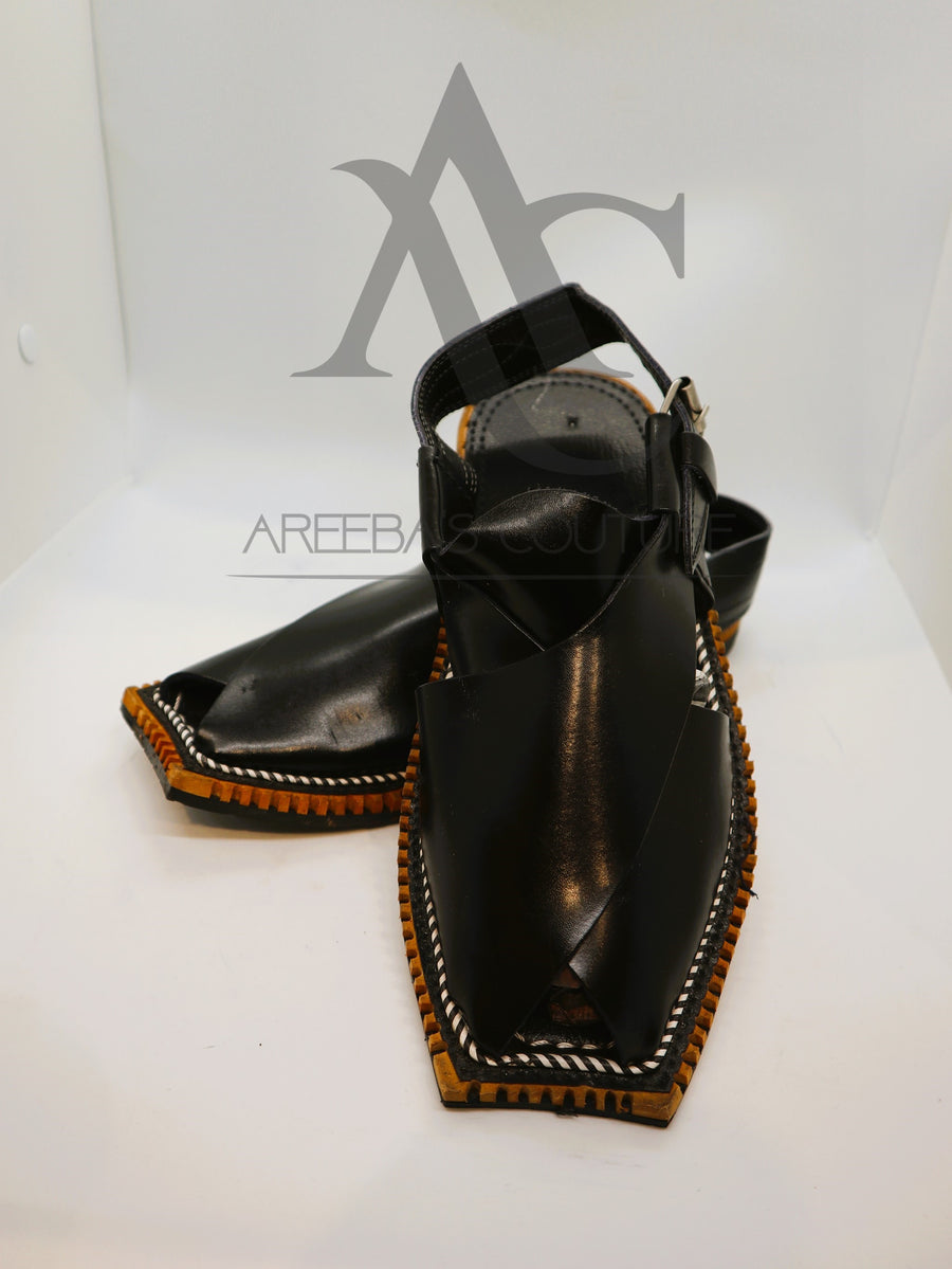 Pakistani Kheri - Peshawari Chappal in Black leather- Areeba's Couture