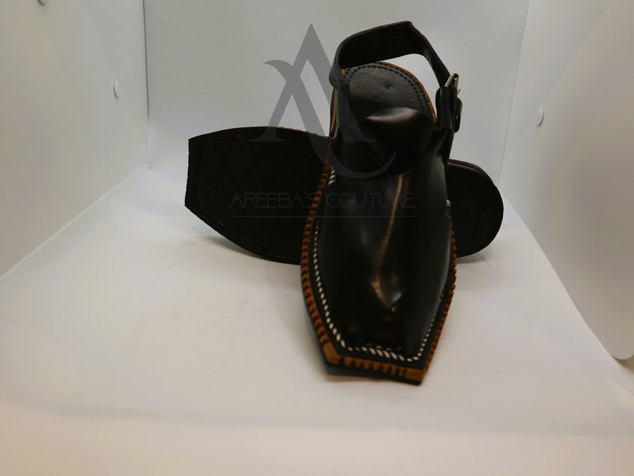 Pakistani Kheri - Peshawari Chappal in Black leather- Areeba's Couture