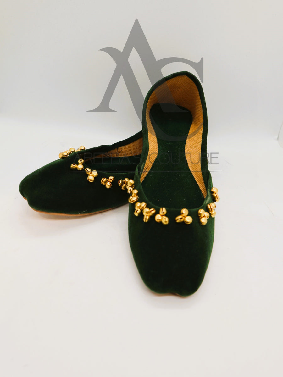 Green velvet ghungroo khussa- Areeba's Couture