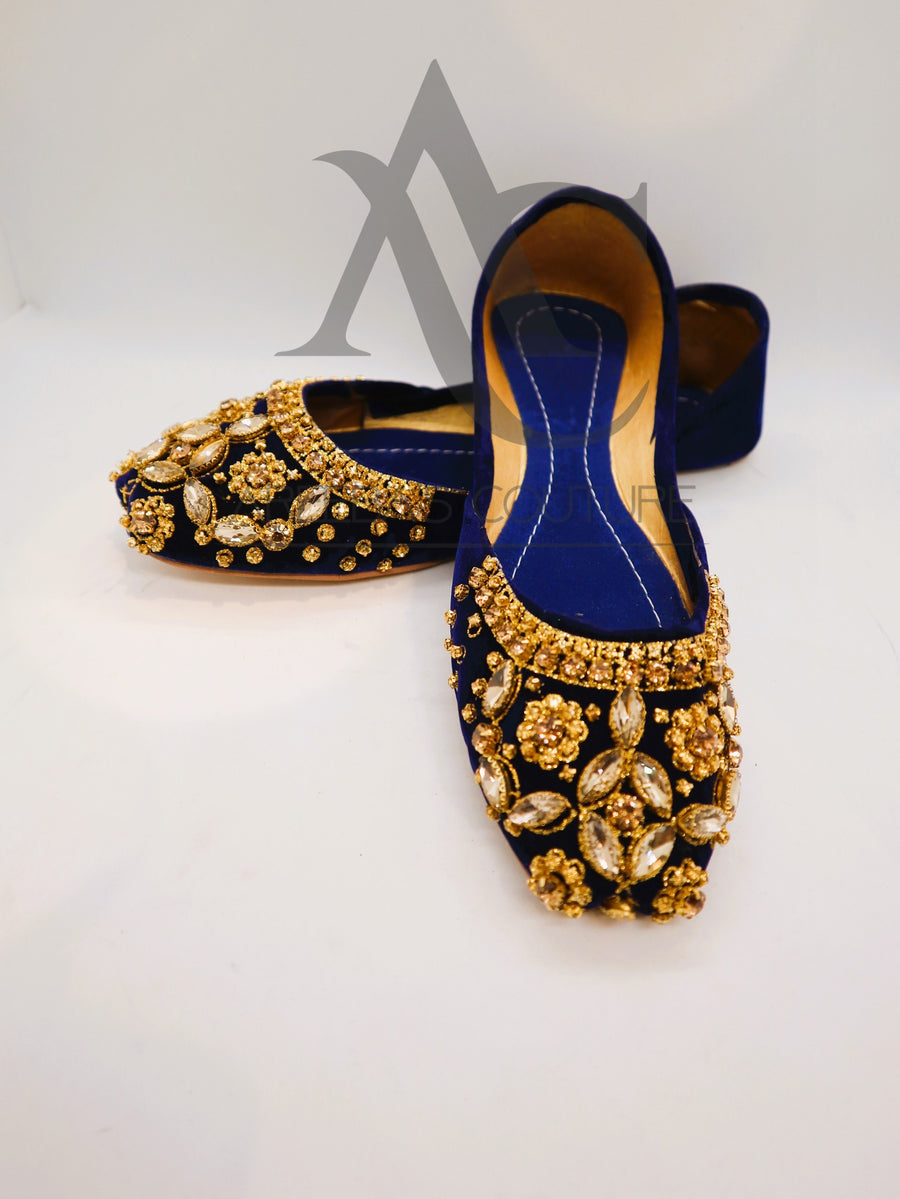 Blue velvet with and gems ladies khussa- Areeba's Couture