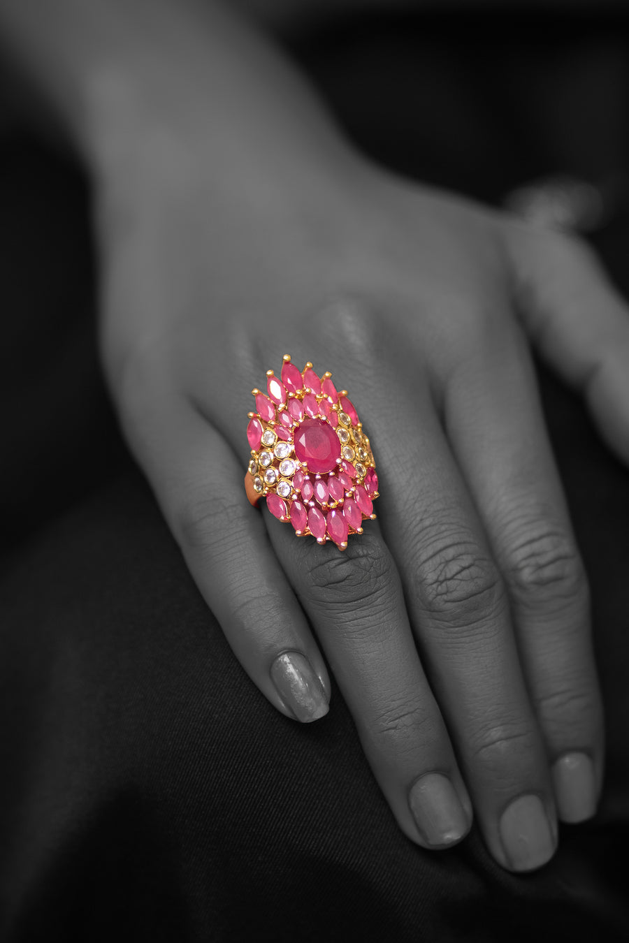 Long ring pink diamantes- Areeba's Couture