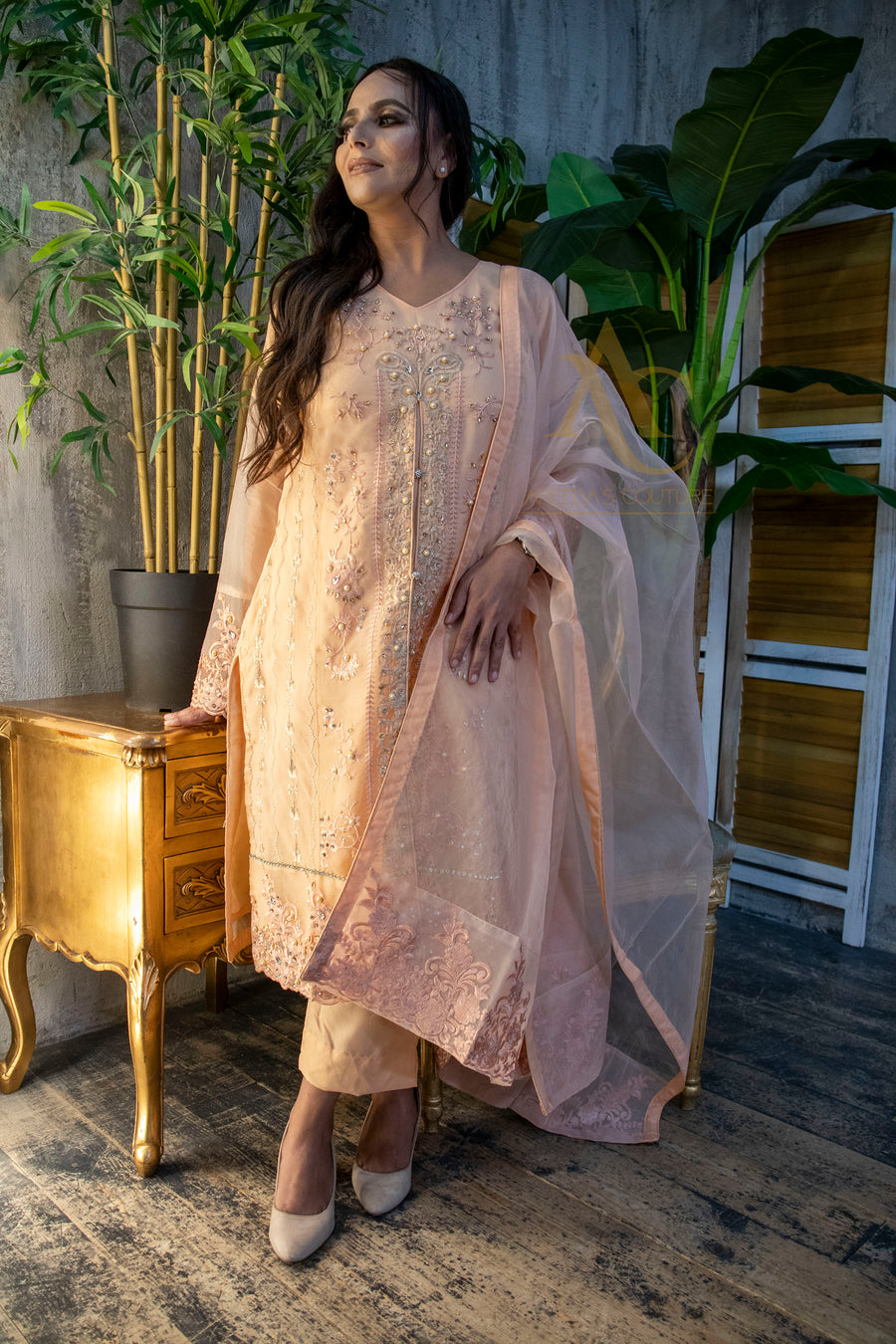 Peach Gown suit SA23- Areeba's Couture