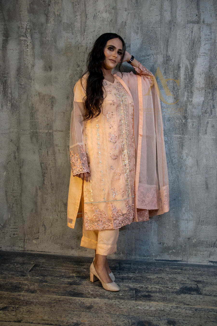 Peach Gown suit SA23- Areeba's Couture