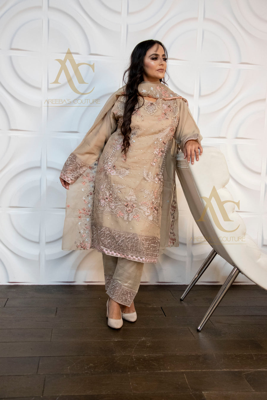 Beige embroidered suit SA23- Areeba's Couture